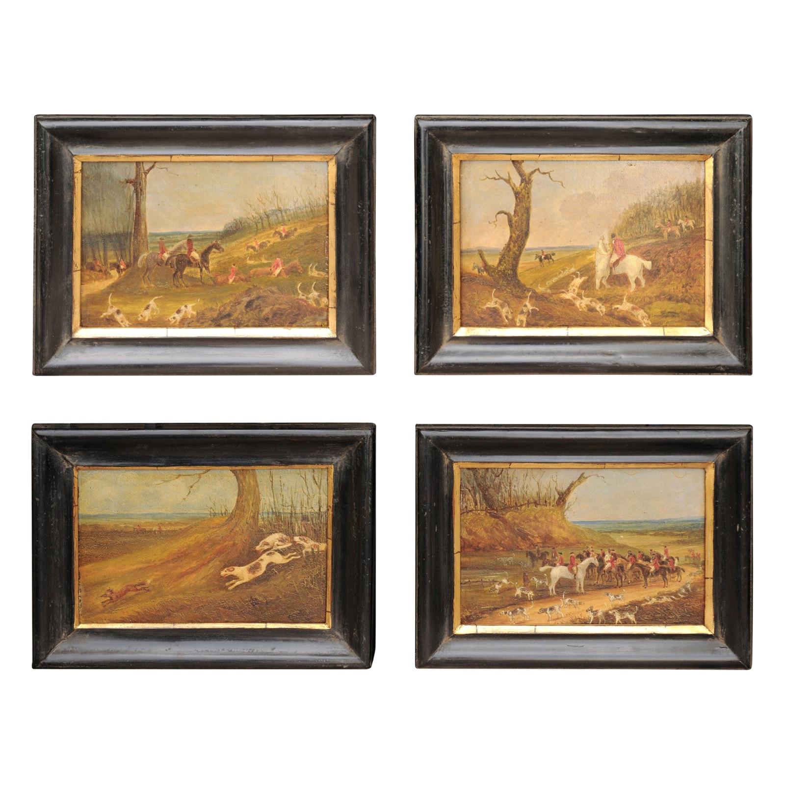 Set of Four 1889s English Framed Oil on Board Paintings Depicting Hunting Scenes