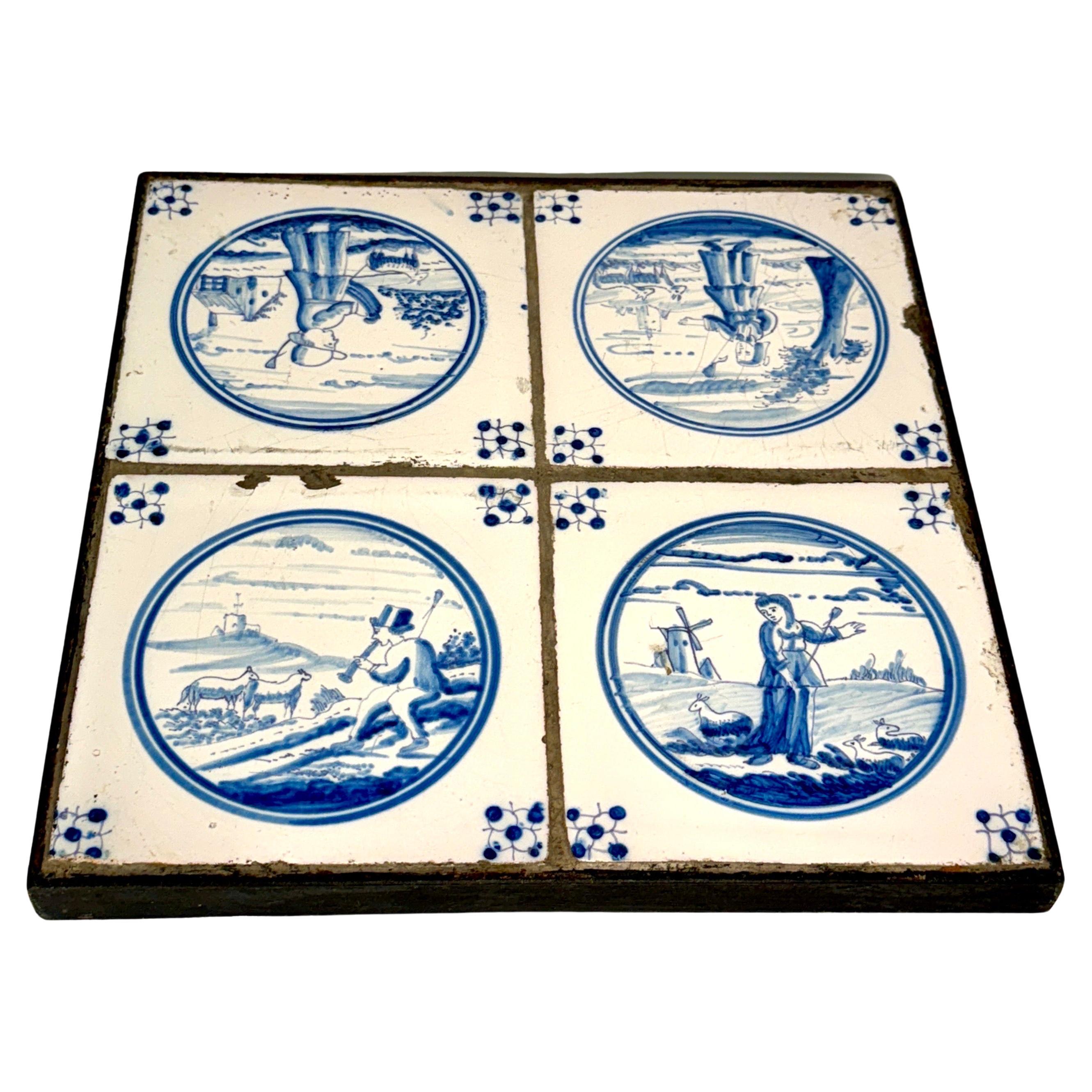 Rococo Set of four 18th Century Blue and White Delft Tiles Framed in Custom Iron Frame  For Sale