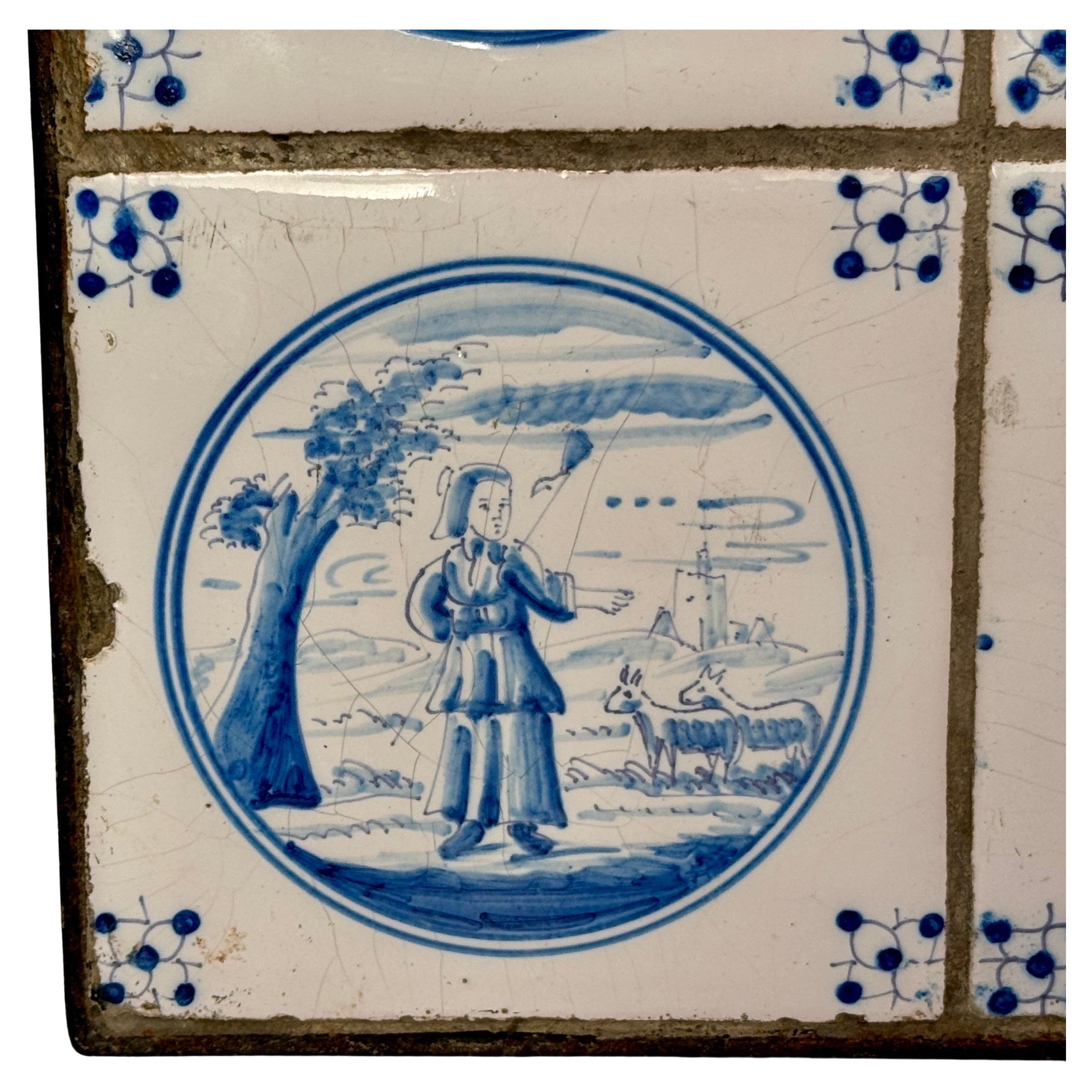 Dutch Set of four 18th Century Blue and White Delft Tiles Framed in Custom Iron Frame  For Sale