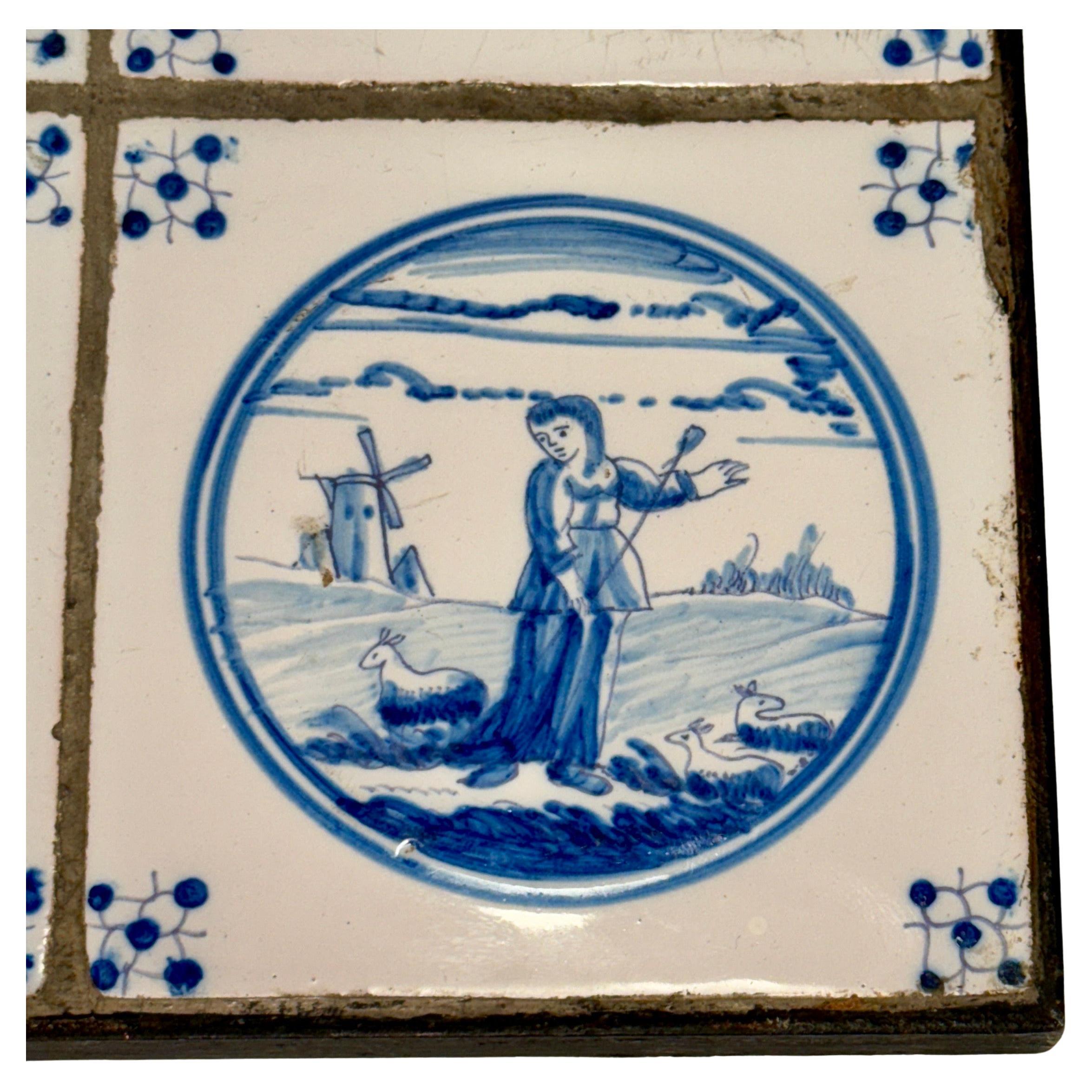 Satz von vier blauen und weißen Delft-Fliesen aus dem 18. Jahrhundert, gerahmt in einem individuellen Eisenrahmen  im Zustand „Gut“ im Angebot in Haddonfield, NJ