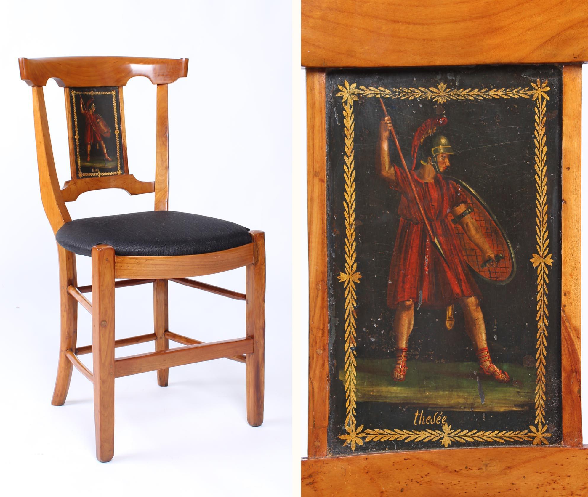 Set of very unusual 18th century chairs

It's a set of four chairs, all with different paintings of the Greek mythology. 

Bourgogne (France)
cherrywood, oil colors
Directoire, circa 1800

Dimensions: height 84 cm, seat height 47 cm

Four
