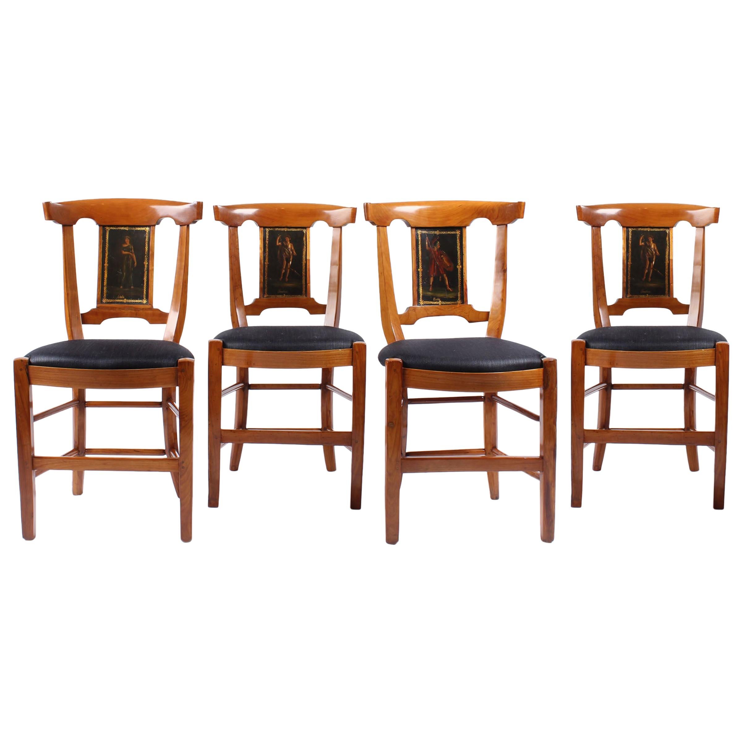 Satz von vier Stühlen aus dem 18. Jahrhundert, Frankreich, Kirsche, bemalt, Directoire, um 1800