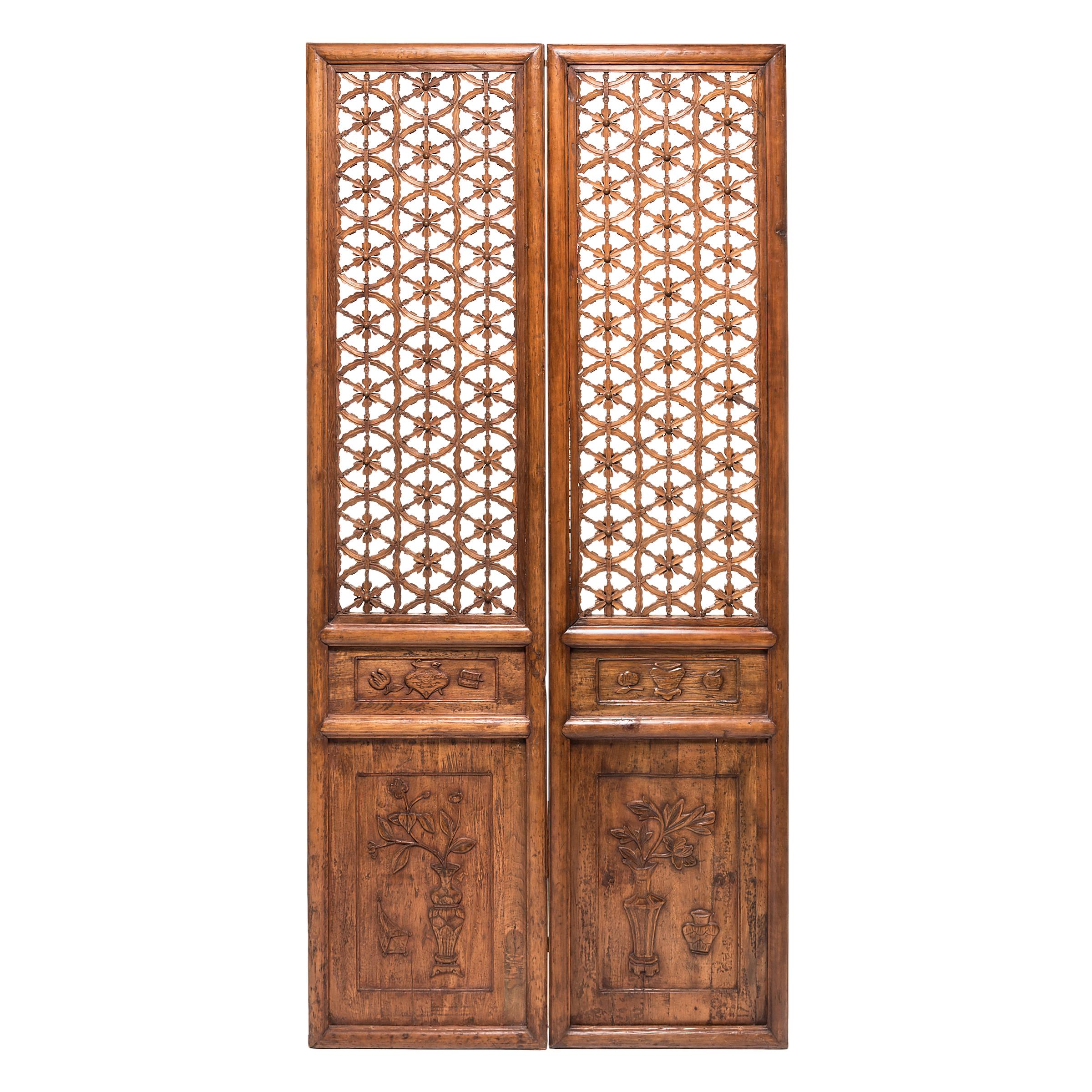 Hand-Carved Set of Four 18th Century Chinese Floral Lattice Courtyard Panels