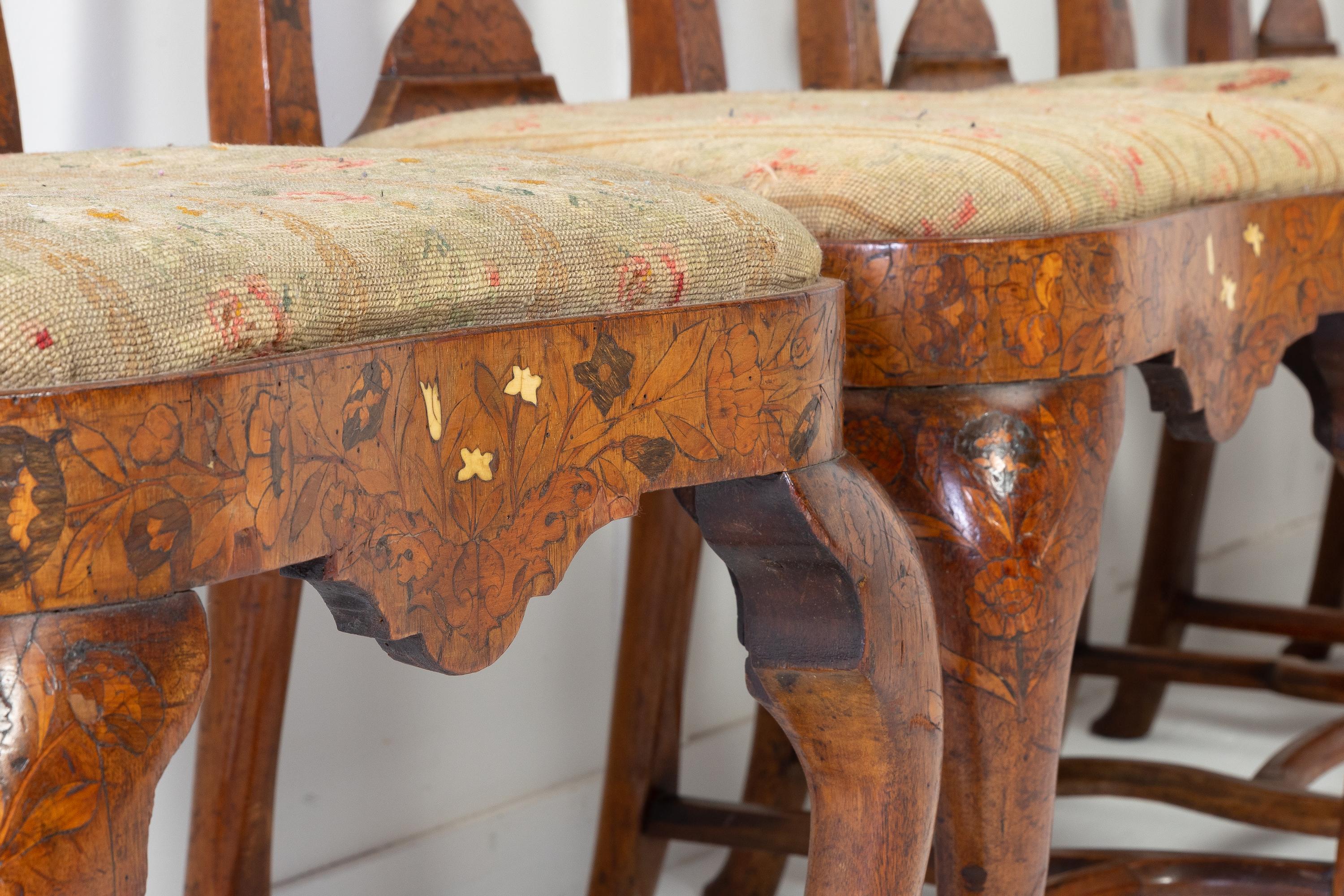 Tapestry Set of Four 18th Century Dutch Marquetry Side Chairs For Sale
