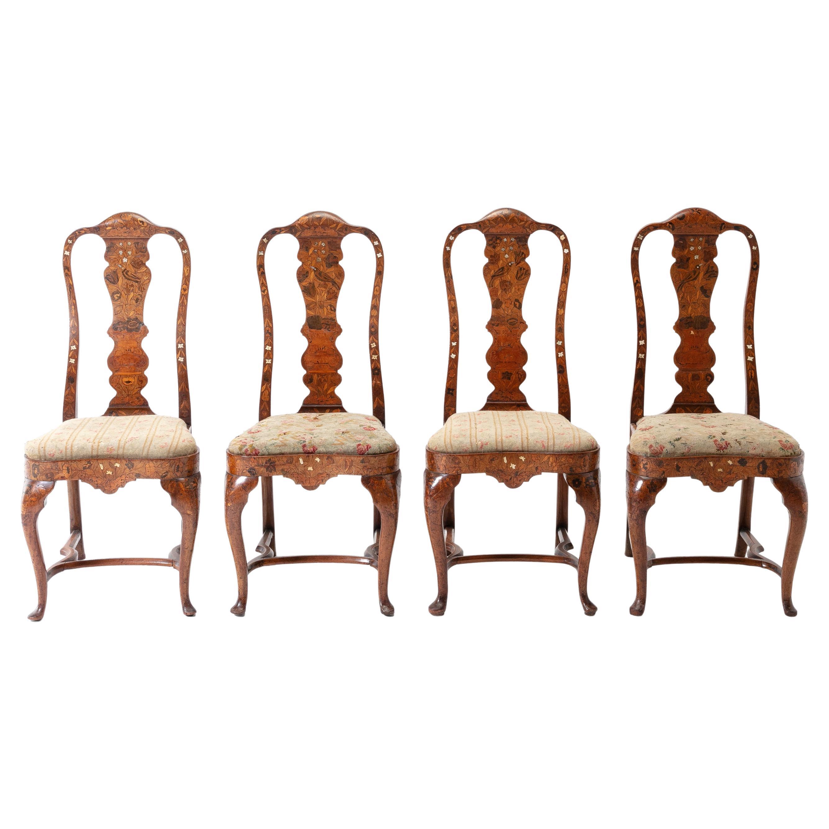 Set of Four 18th Century Dutch Marquetry Side Chairs For Sale