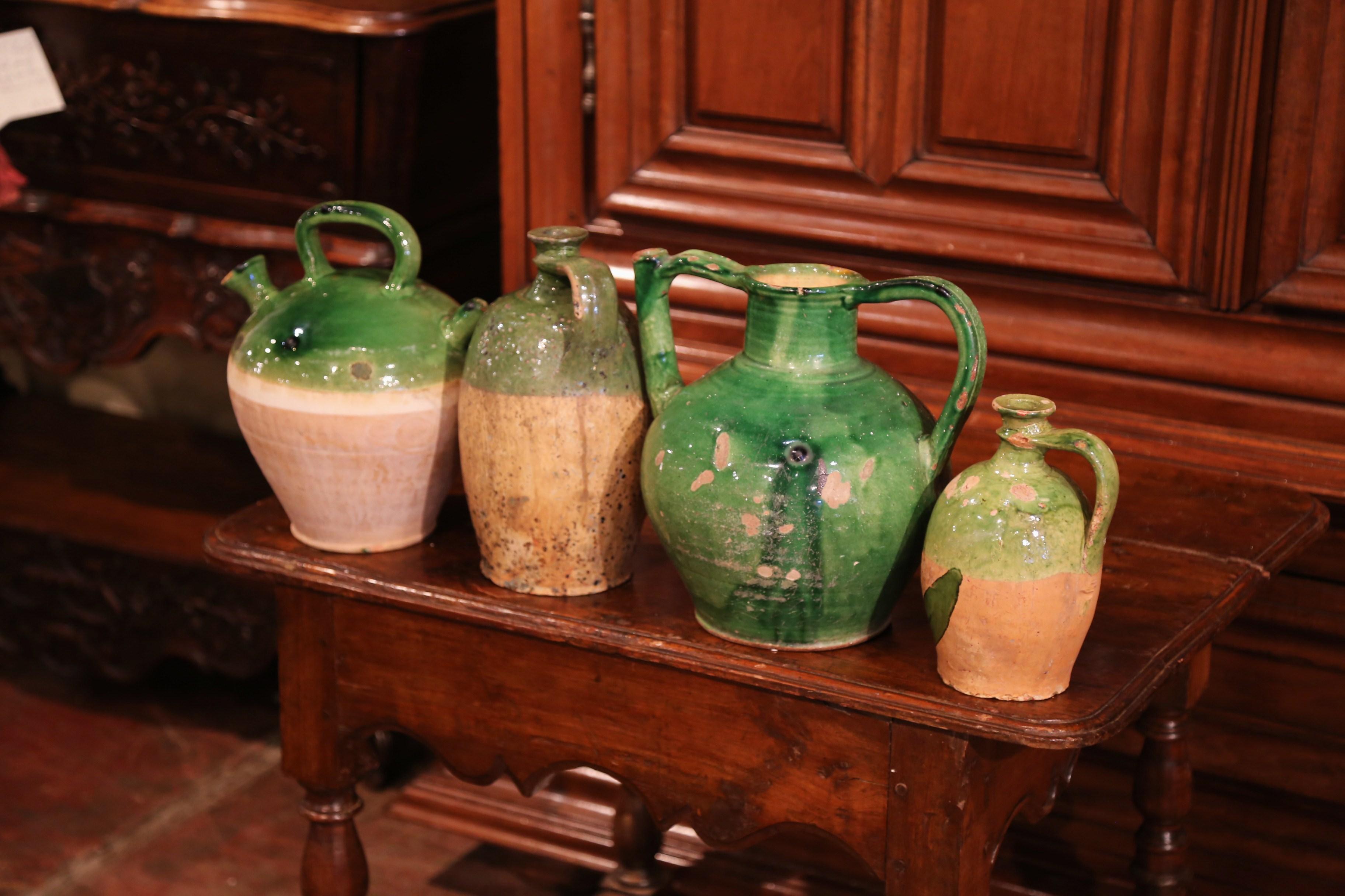 Hand-Crafted Set of Four 18th Century French Green Glazed Olive Jars from Provence