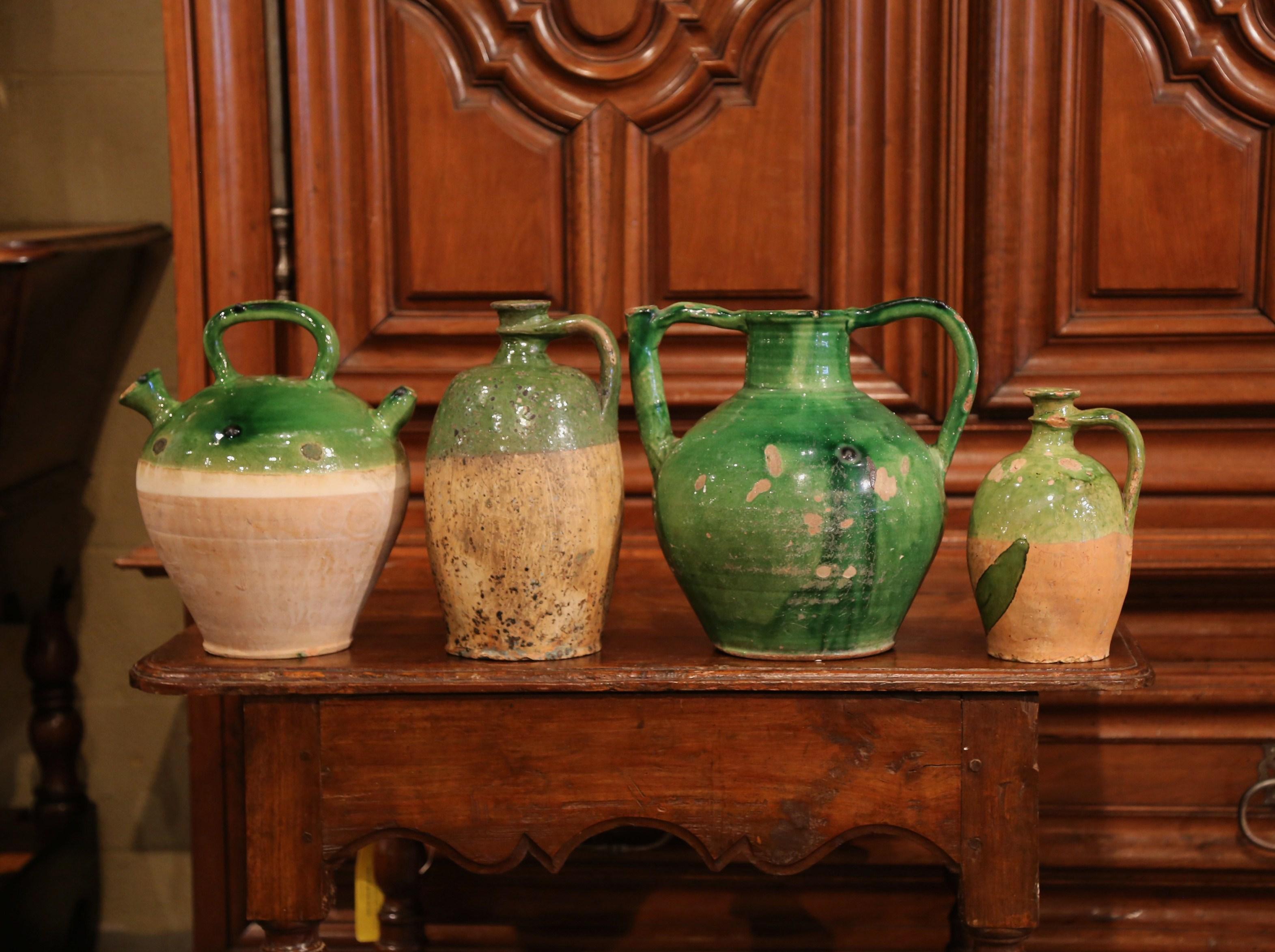 Set of Four 18th Century French Green Glazed Olive Jars from Provence In Excellent Condition In Dallas, TX