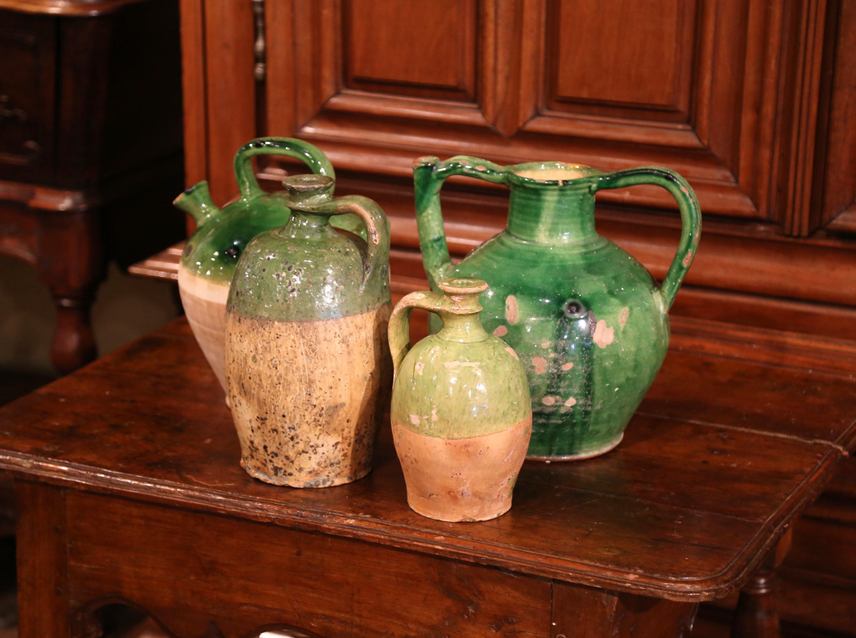 Earthenware Set of Four 18th Century French Green Glazed Olive Jars from Provence