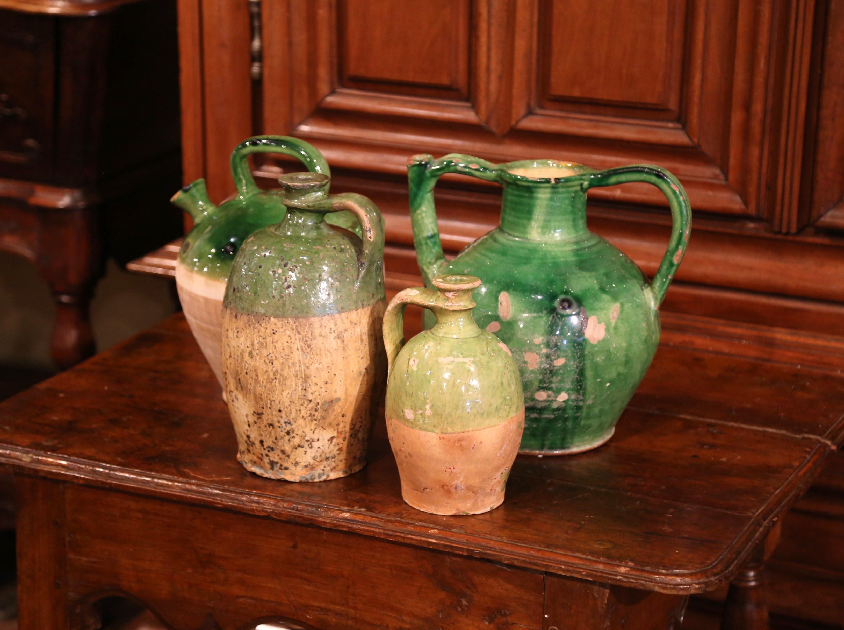 Set of Four 18th Century French Green Glazed Olive Jars from Provence 1