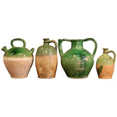 Antique Set of Four 18th Century French Green Glazed Olive Jars from Provence