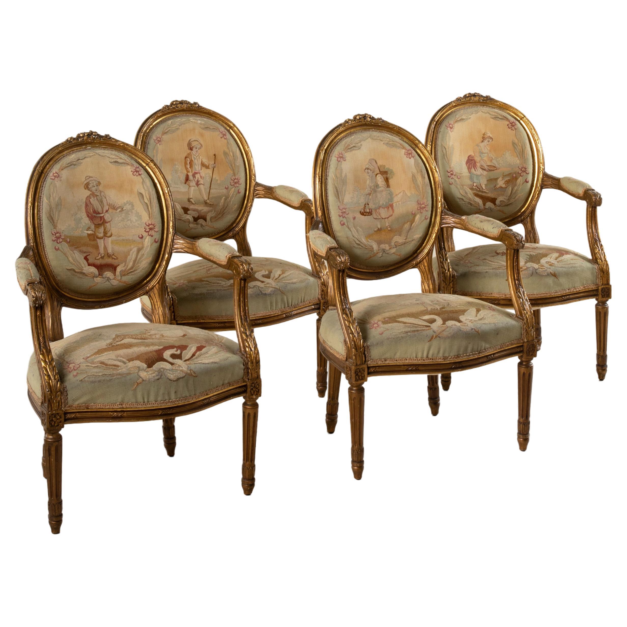 Set of Four 18th Century French Louis XVI Period Giltwood and Aubusson Armchairs For Sale