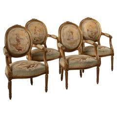 Antique Set of Four 18th Century French Louis XVI Period Giltwood and Aubusson Armchairs