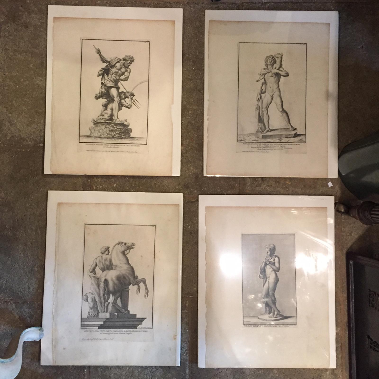 Set of four 18th century Italian neoclassical engravings of statues by various artists
1) Neptune & triton by Nicolas Dorigny
2) Kid with fawn by Francesco Faraone Aquila
3) Alexander the great with horse by Francesco Faraone Aquila
4) Young