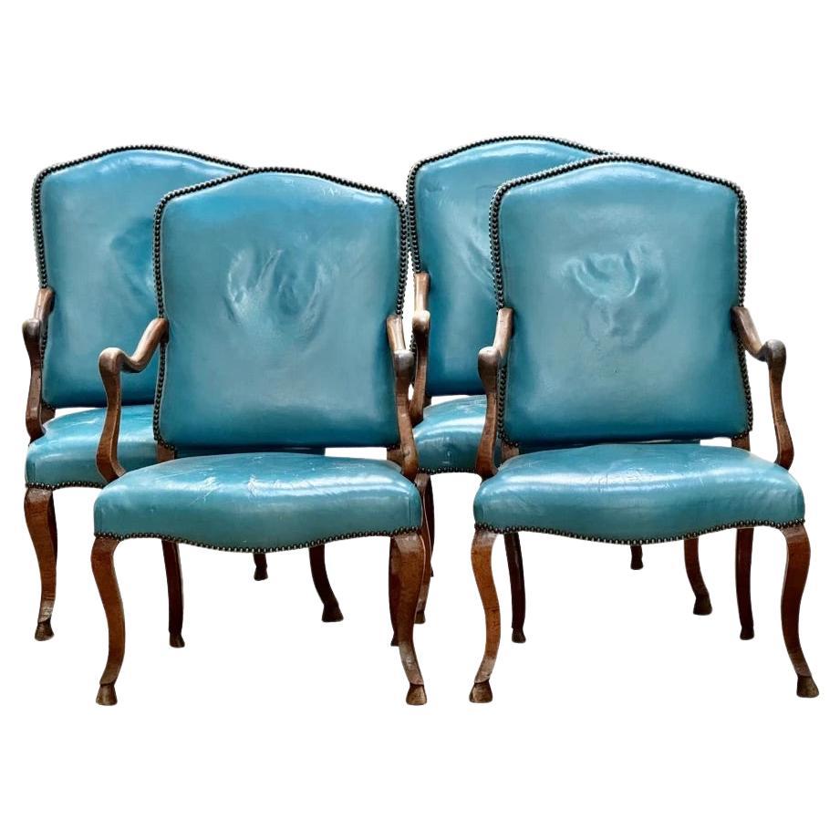 Set of Four 18th Century Italian Walnut Armchairs - blue leather upholstery For Sale