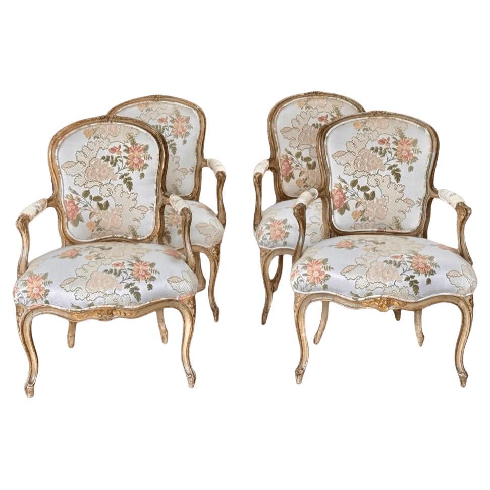 Set of four 18th Century Louis XV Fauteuils armchairs carved and polychromed For Sale