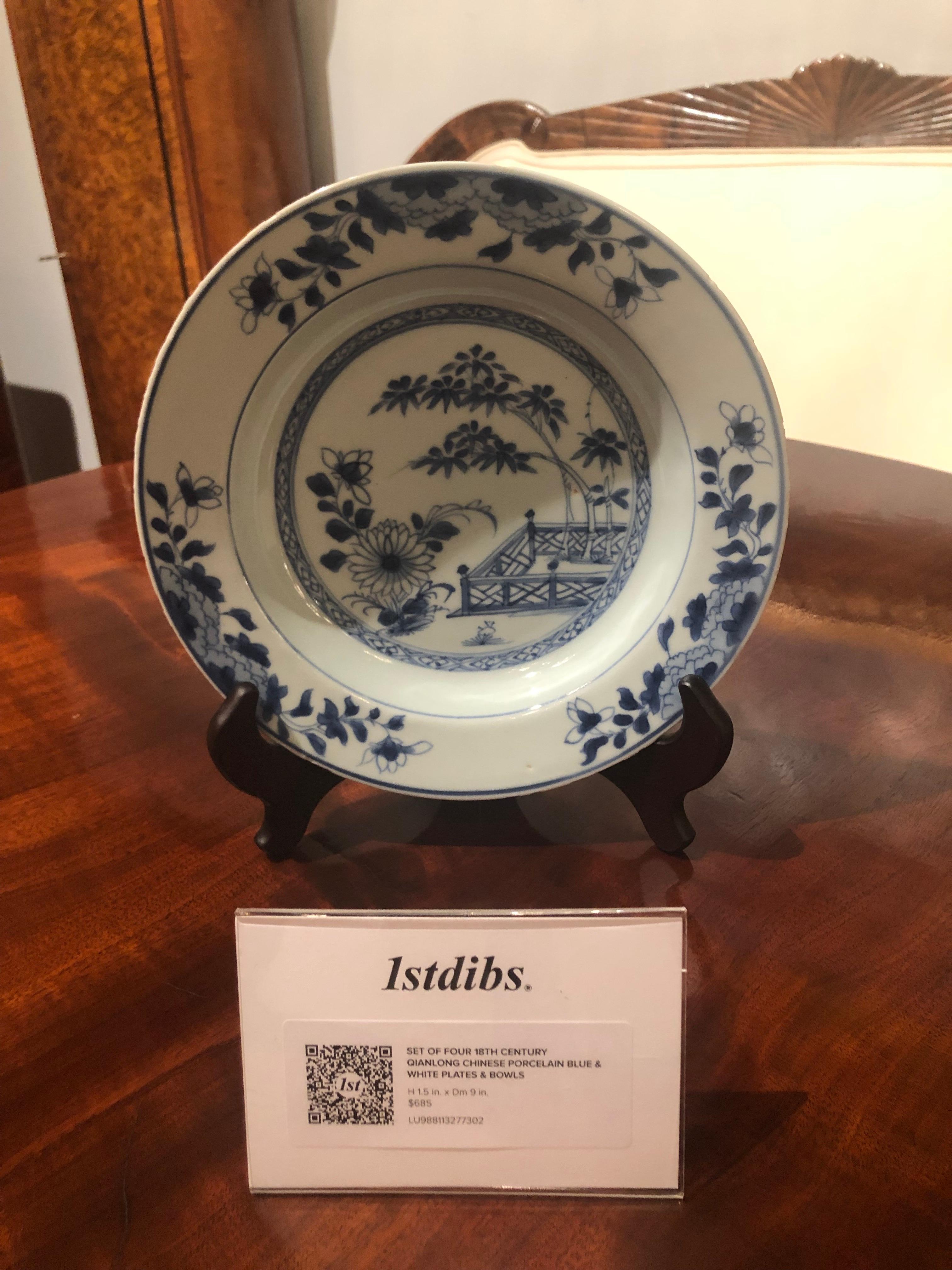 Set of Four 18th Century Qianlong Chinese Porcelain Blue & White Plates & Bowls 4