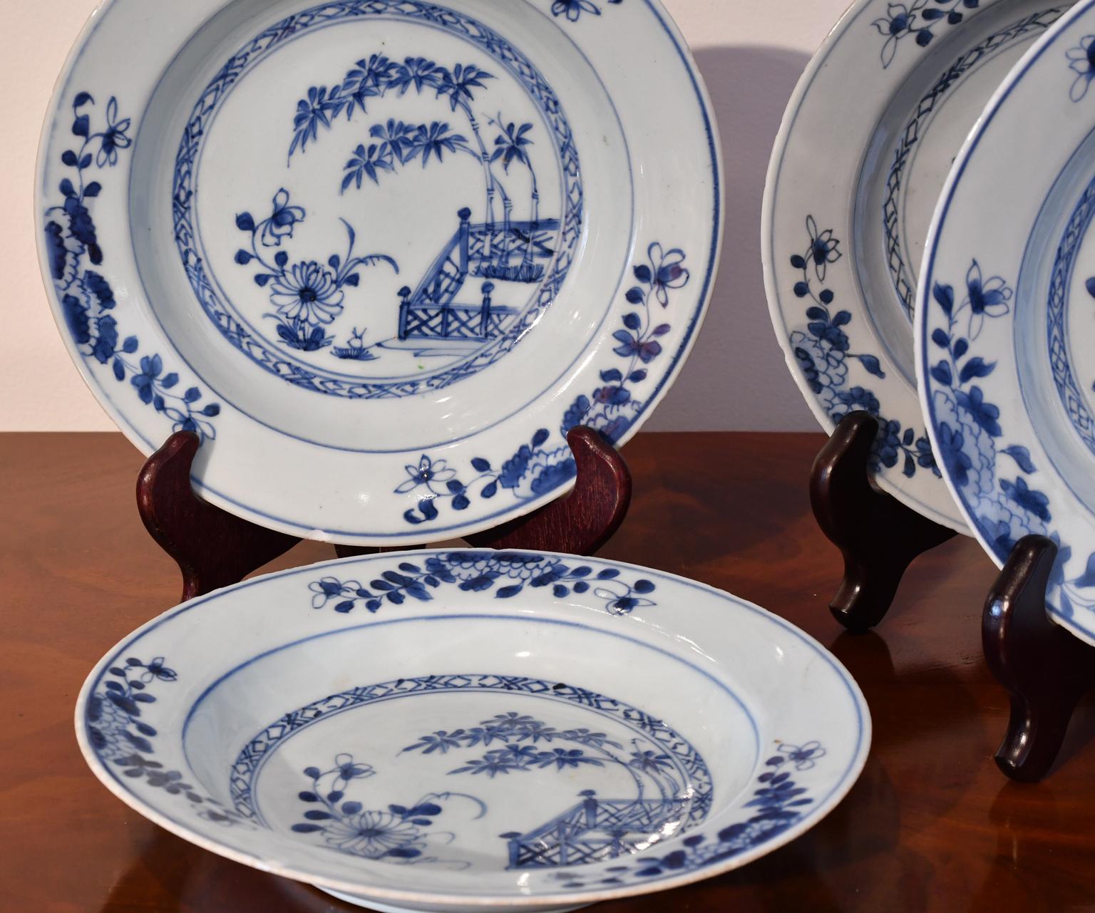 Qing Set of Four 18th Century Qianlong Chinese Porcelain Blue & White Plates & Bowls