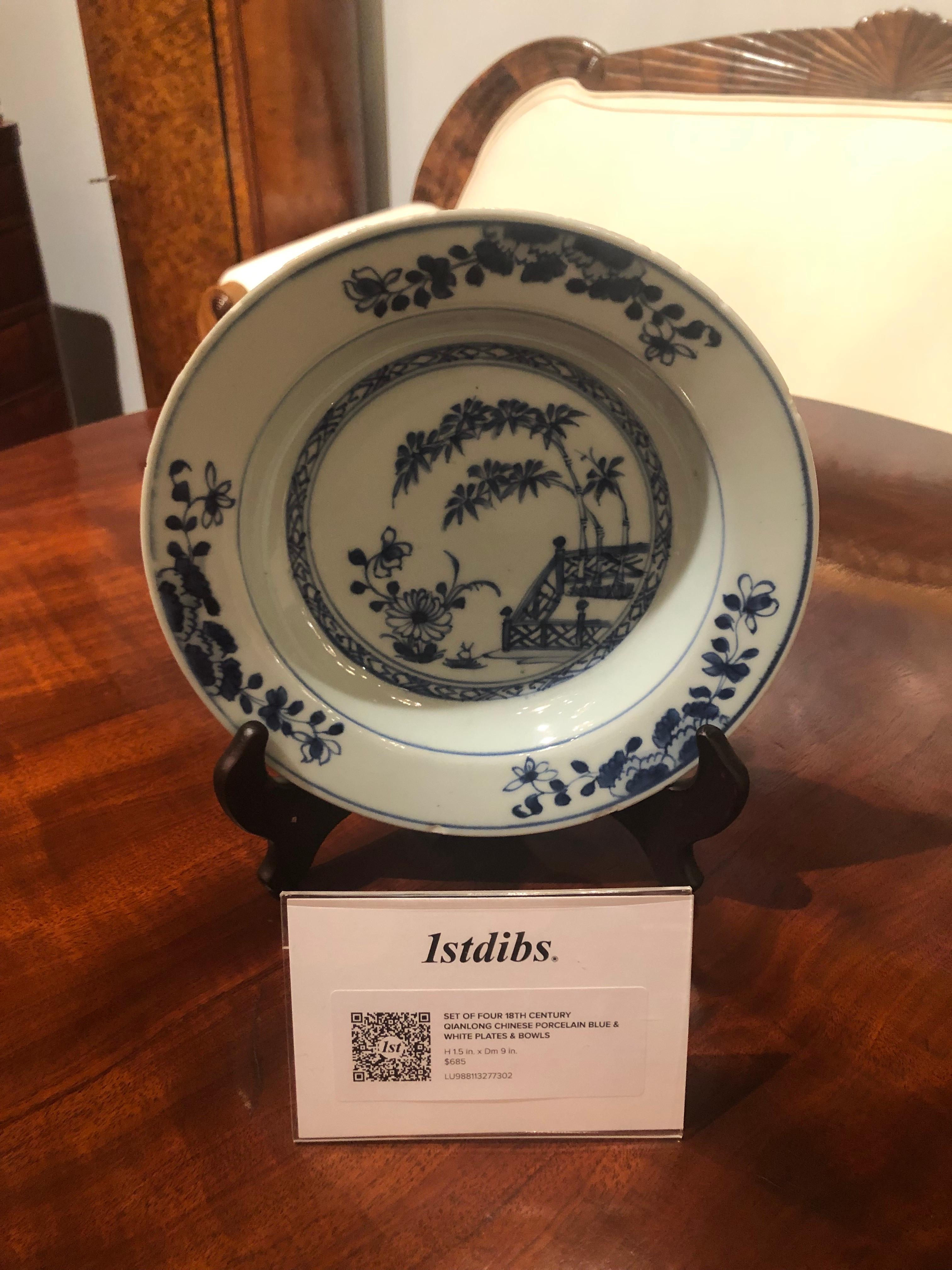 Hand-Painted Set of Four 18th Century Qianlong Chinese Porcelain Blue & White Plates & Bowls