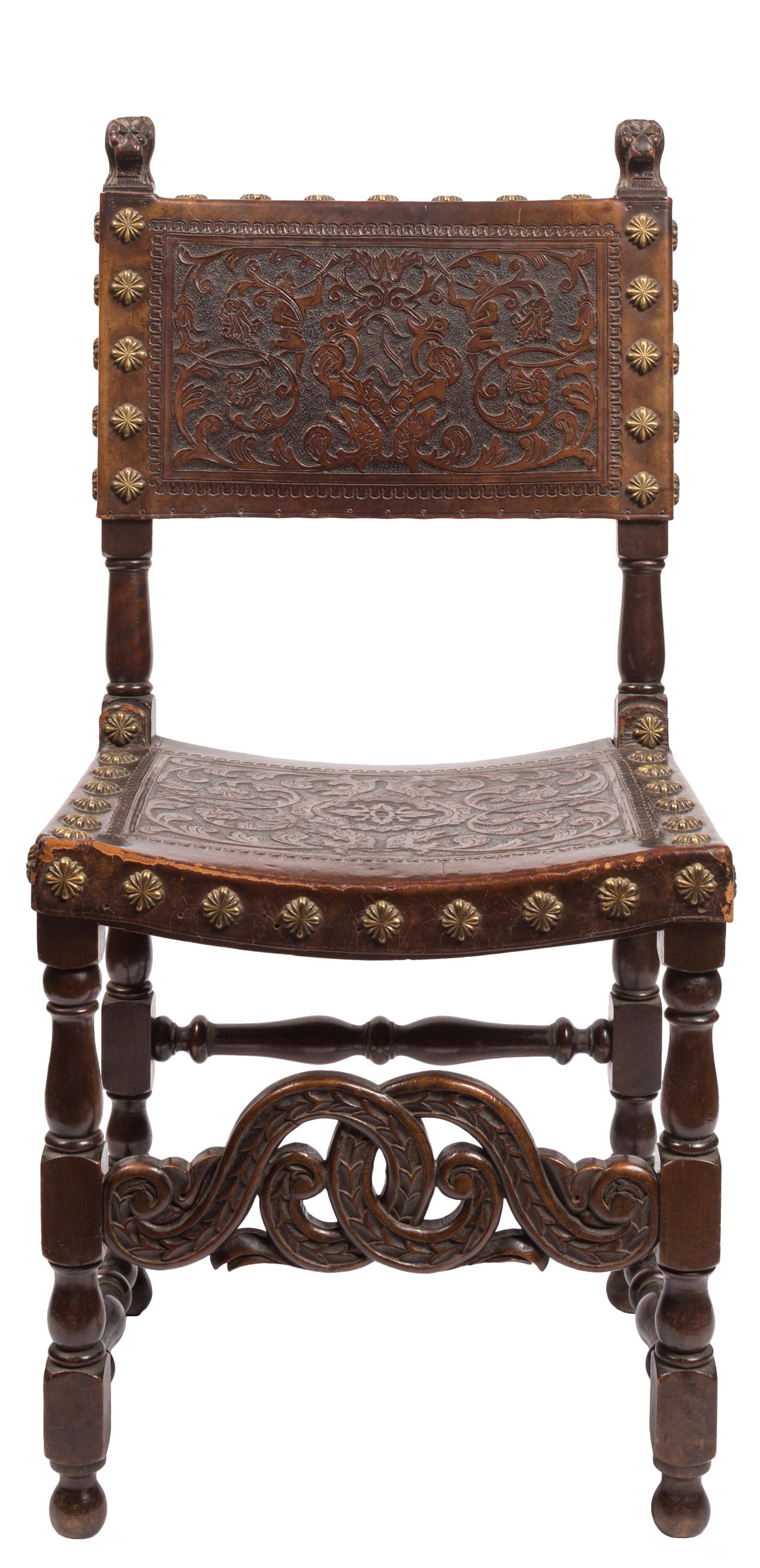 Set of Four 18th Century Spanish Embossed Leather Chairs 4