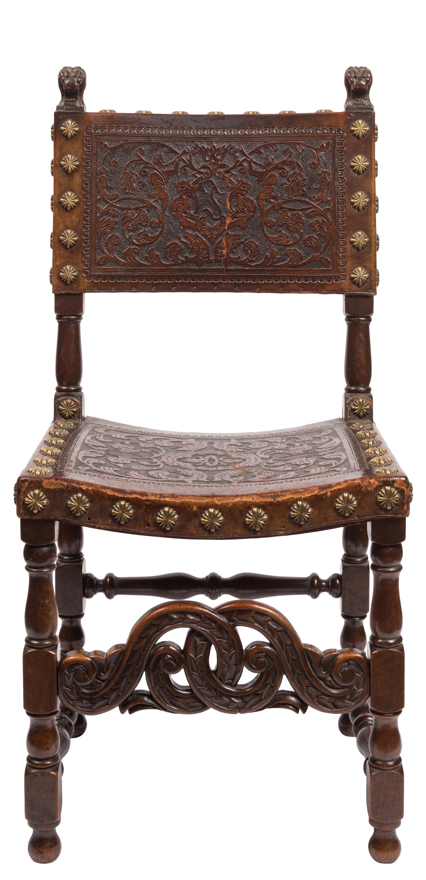 Set of Four 18th Century Spanish Embossed Leather Chairs 5