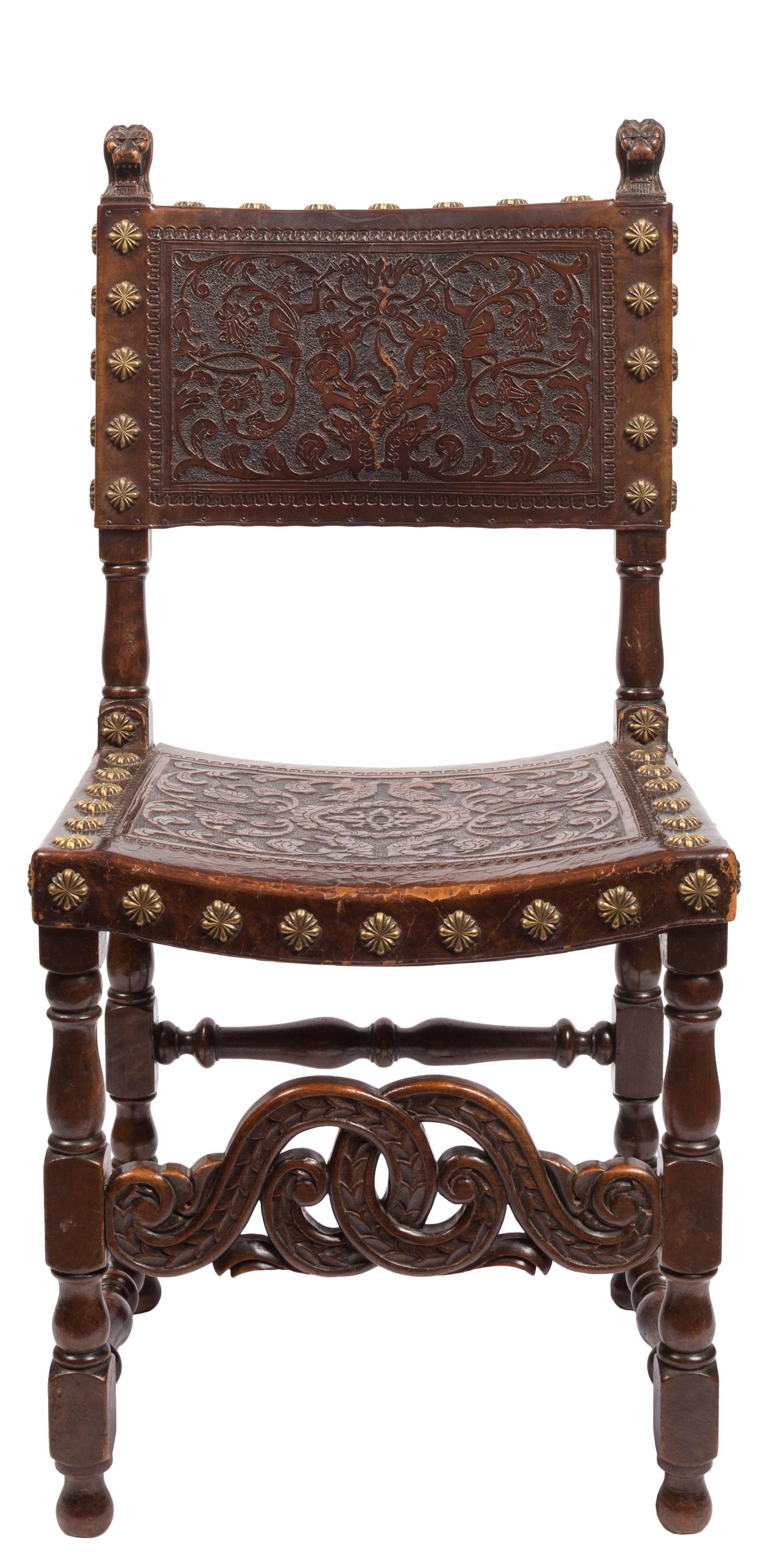 Set of Four 18th Century Spanish Embossed Leather Chairs 6