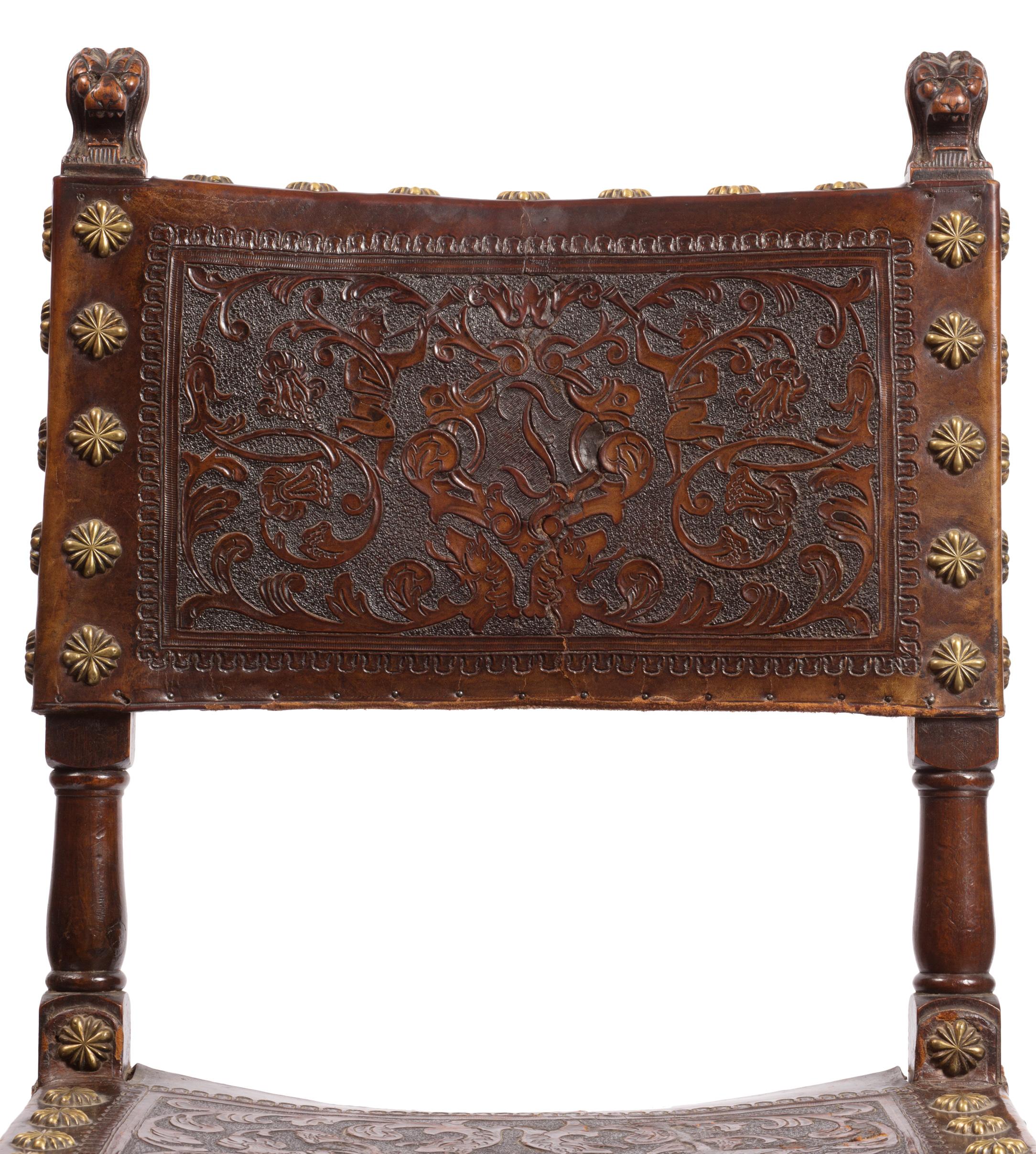 Rustic Set of Four 18th Century Spanish Embossed Leather Chairs