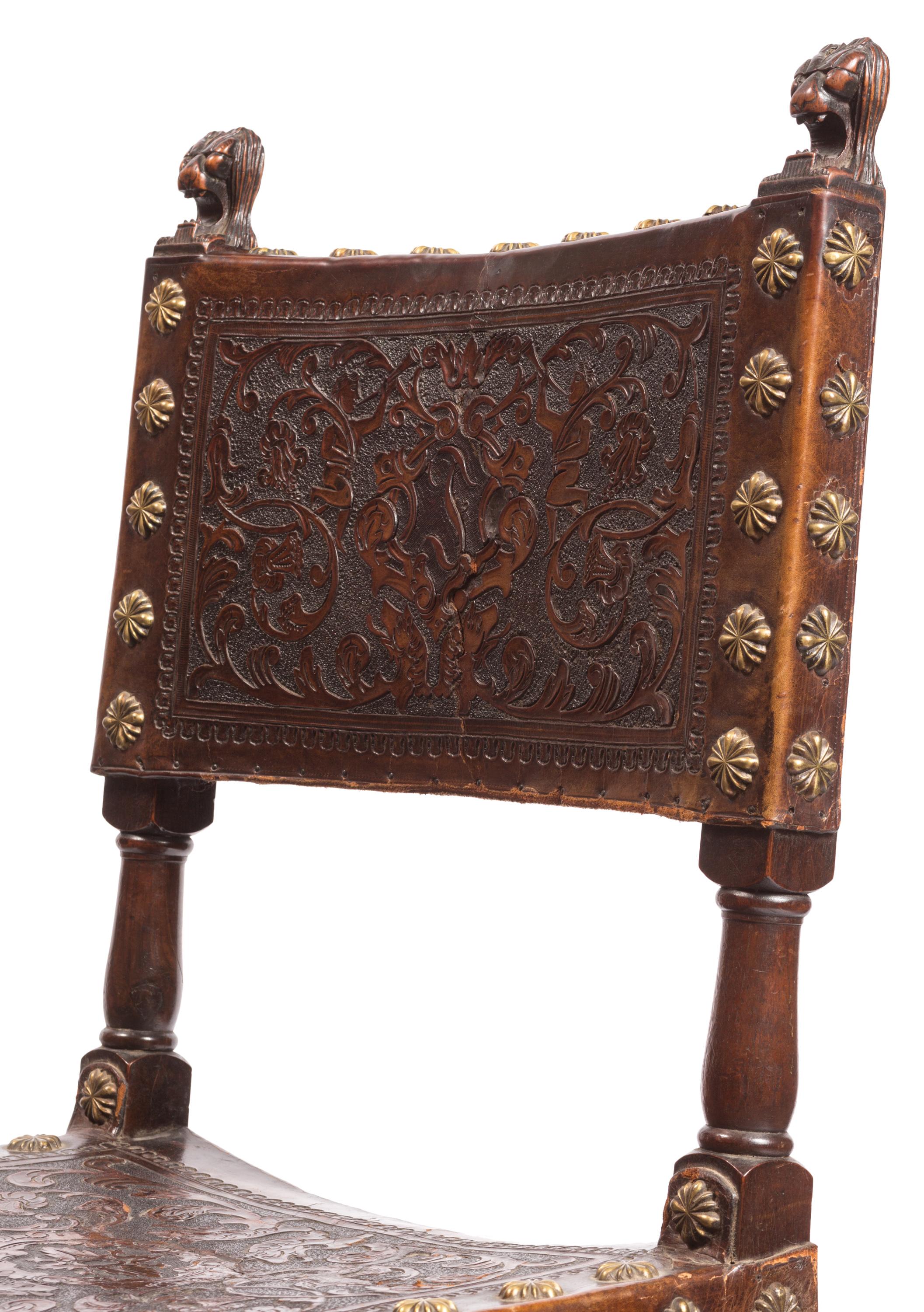 Hand-Carved Set of Four 18th Century Spanish Embossed Leather Chairs