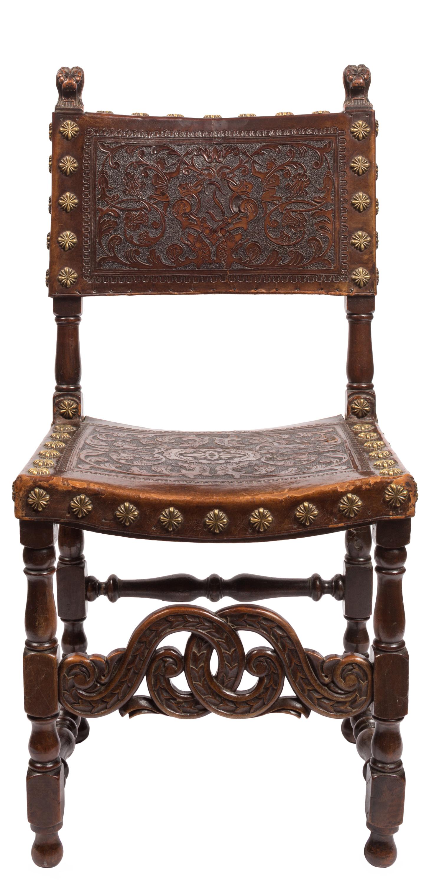 Set of Four 18th Century Spanish Embossed Leather Chairs 1