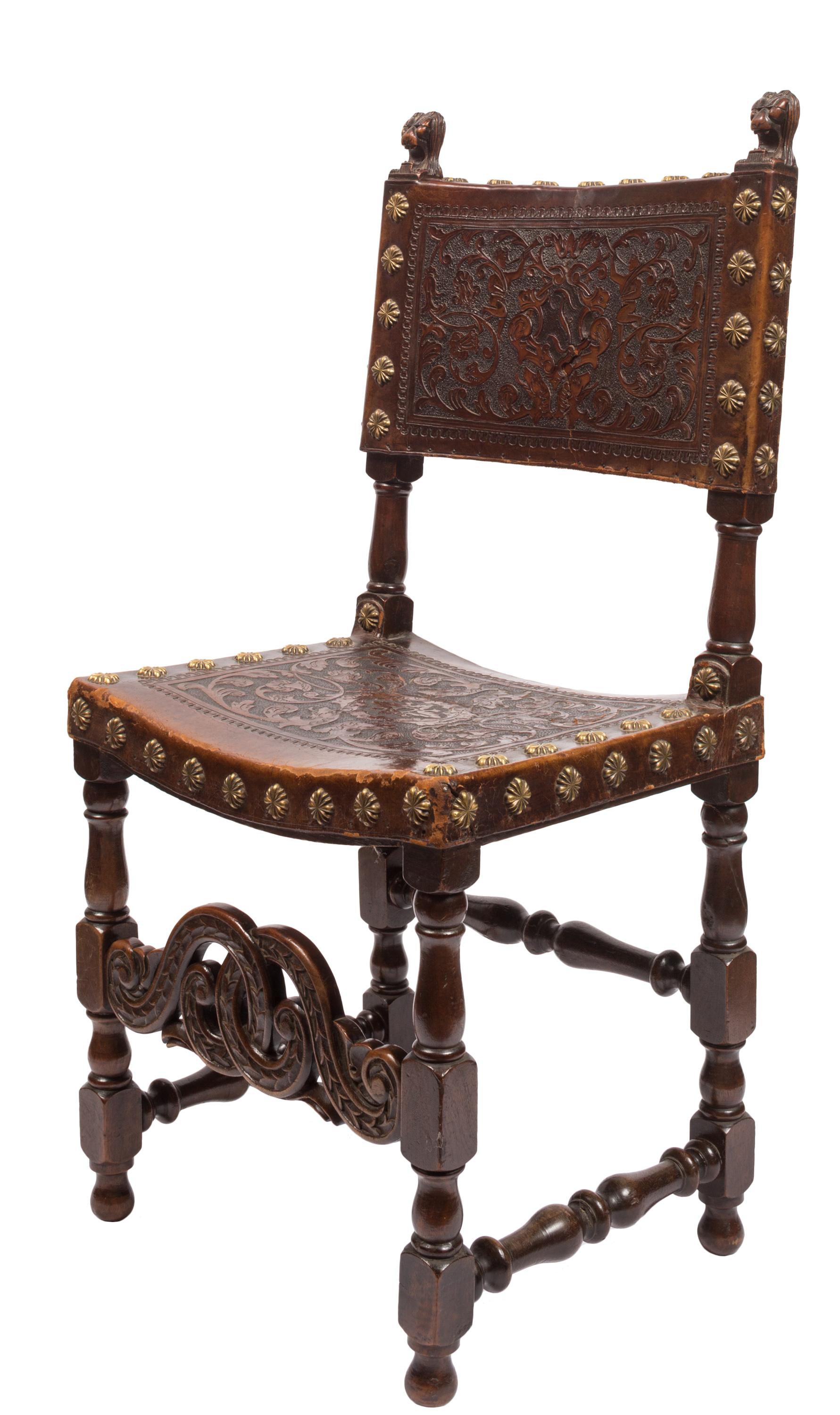Set of Four 18th Century Spanish Embossed Leather Chairs 3