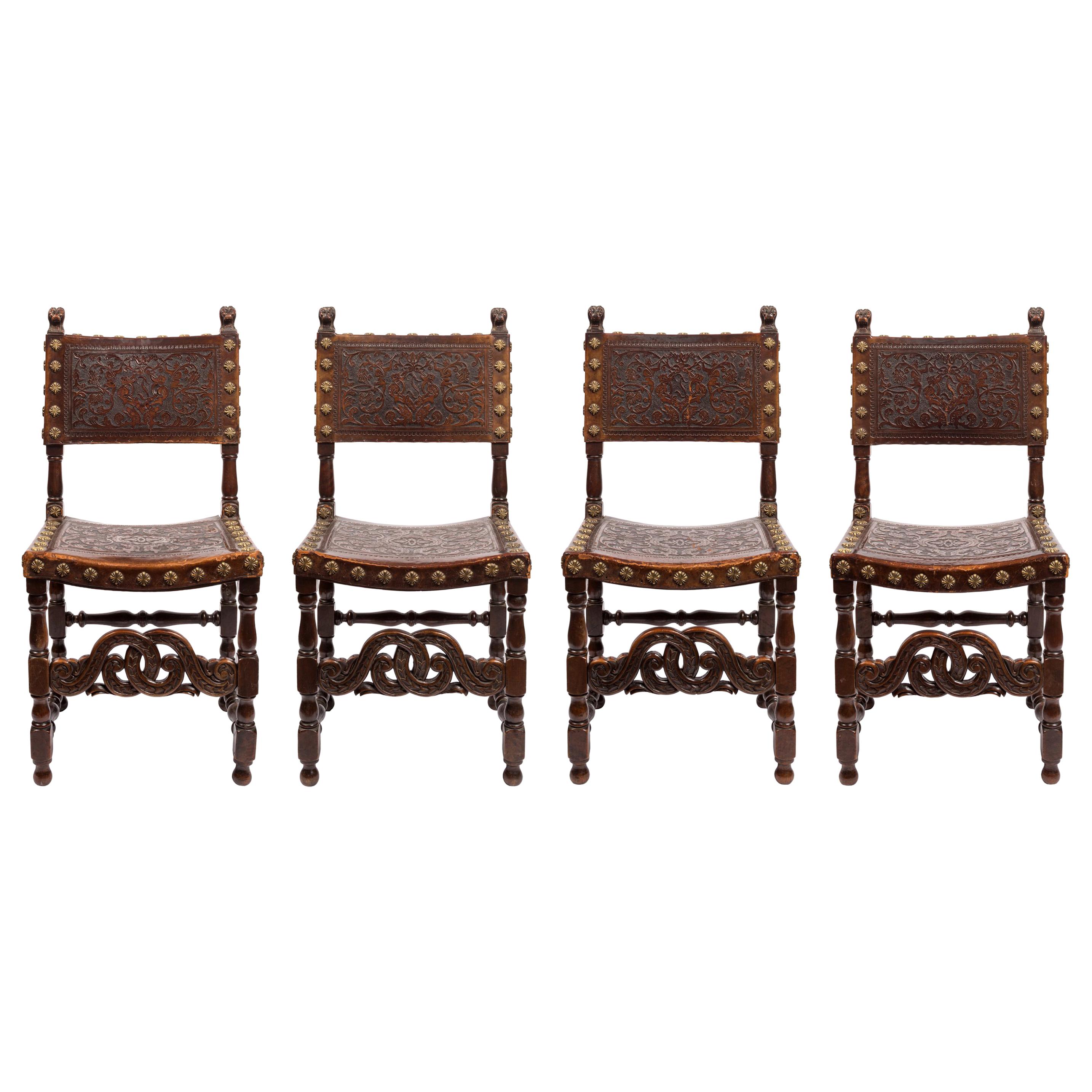 Set of Four 18th Century Spanish Embossed Leather Chairs