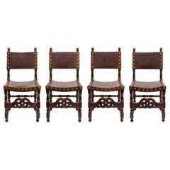 Antique Set of Four 18th Century Spanish Embossed Leather Chairs