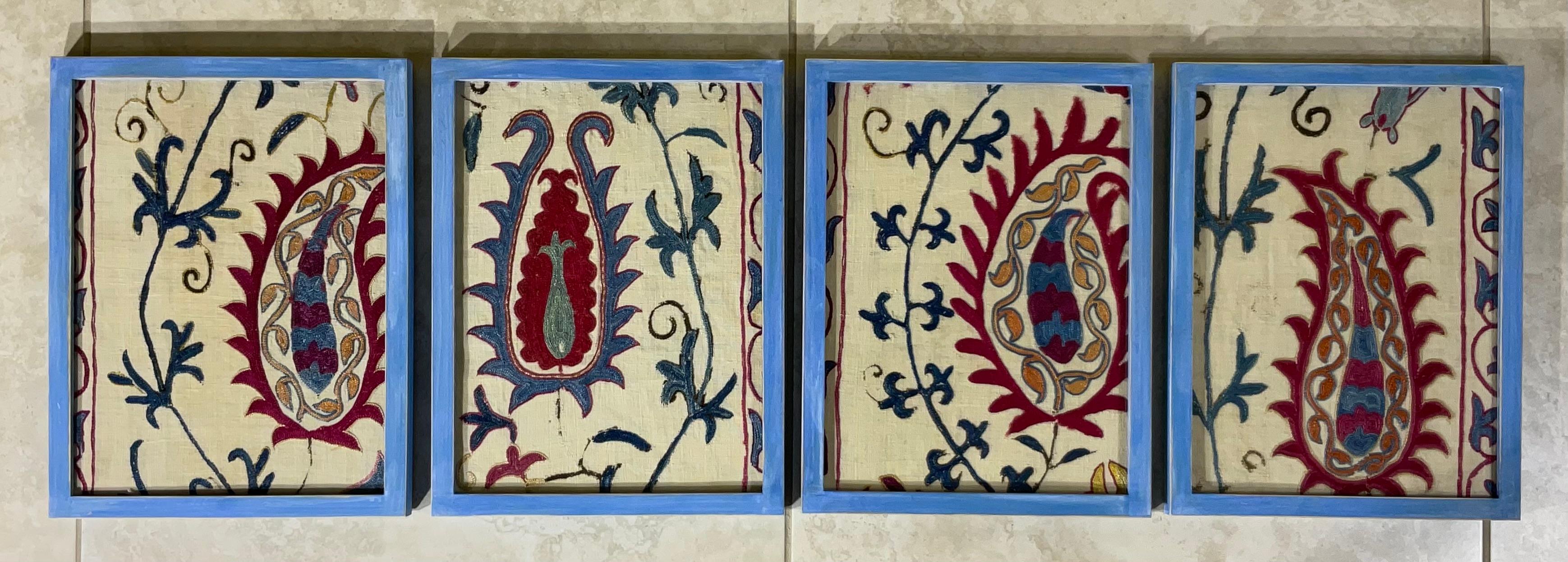 Set Of Four 19 Century Antique Silk And Cotton Suzani Wall Hanging For Sale 4