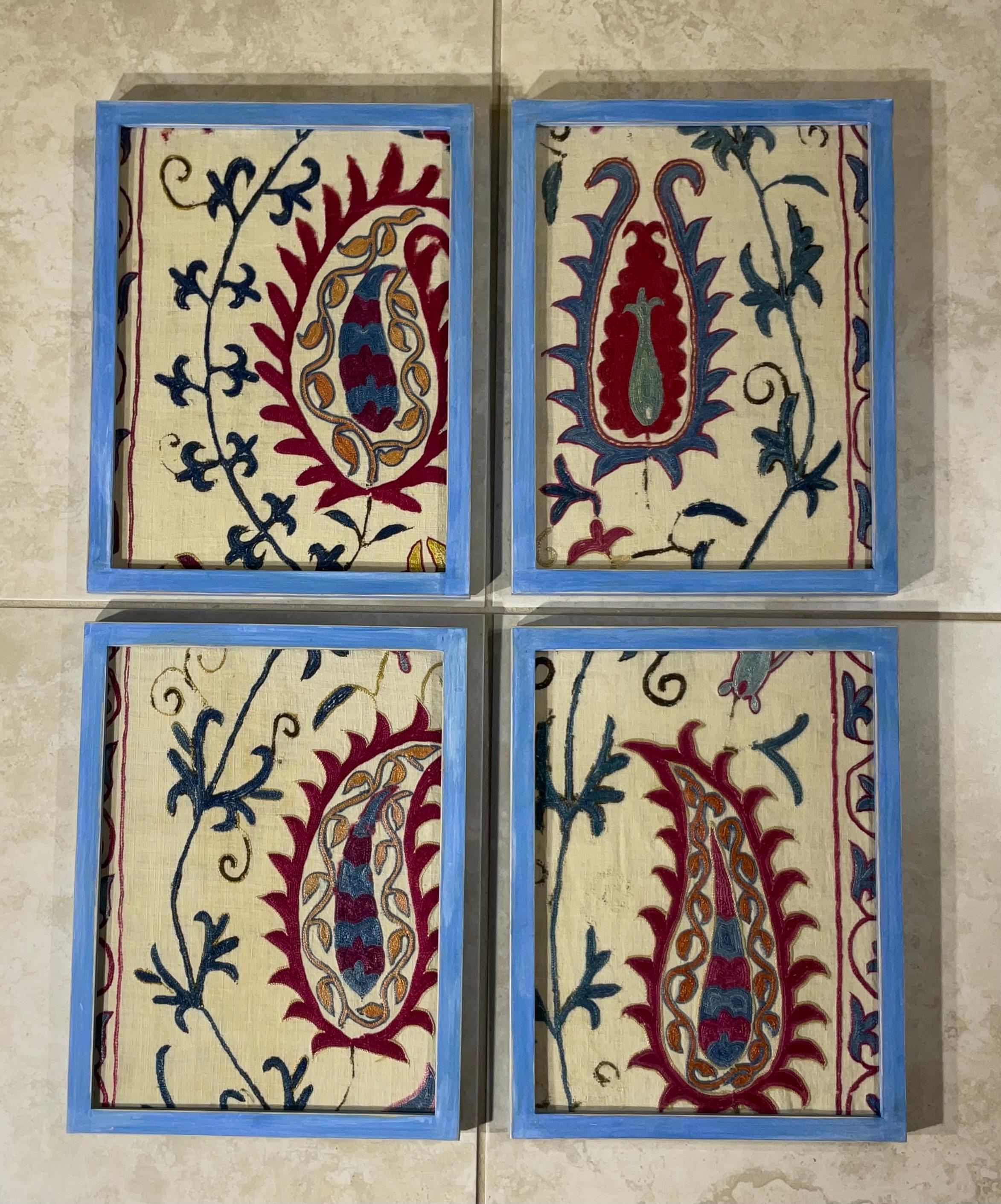 

The primary motif of the embroideries is the paisley, a 


set of four 19th-century Suzani offers a unique blend of beauty, history, and craftsmanship. Their intricate paisley motifs, vibrant colors, and antique textiles make them valuable and