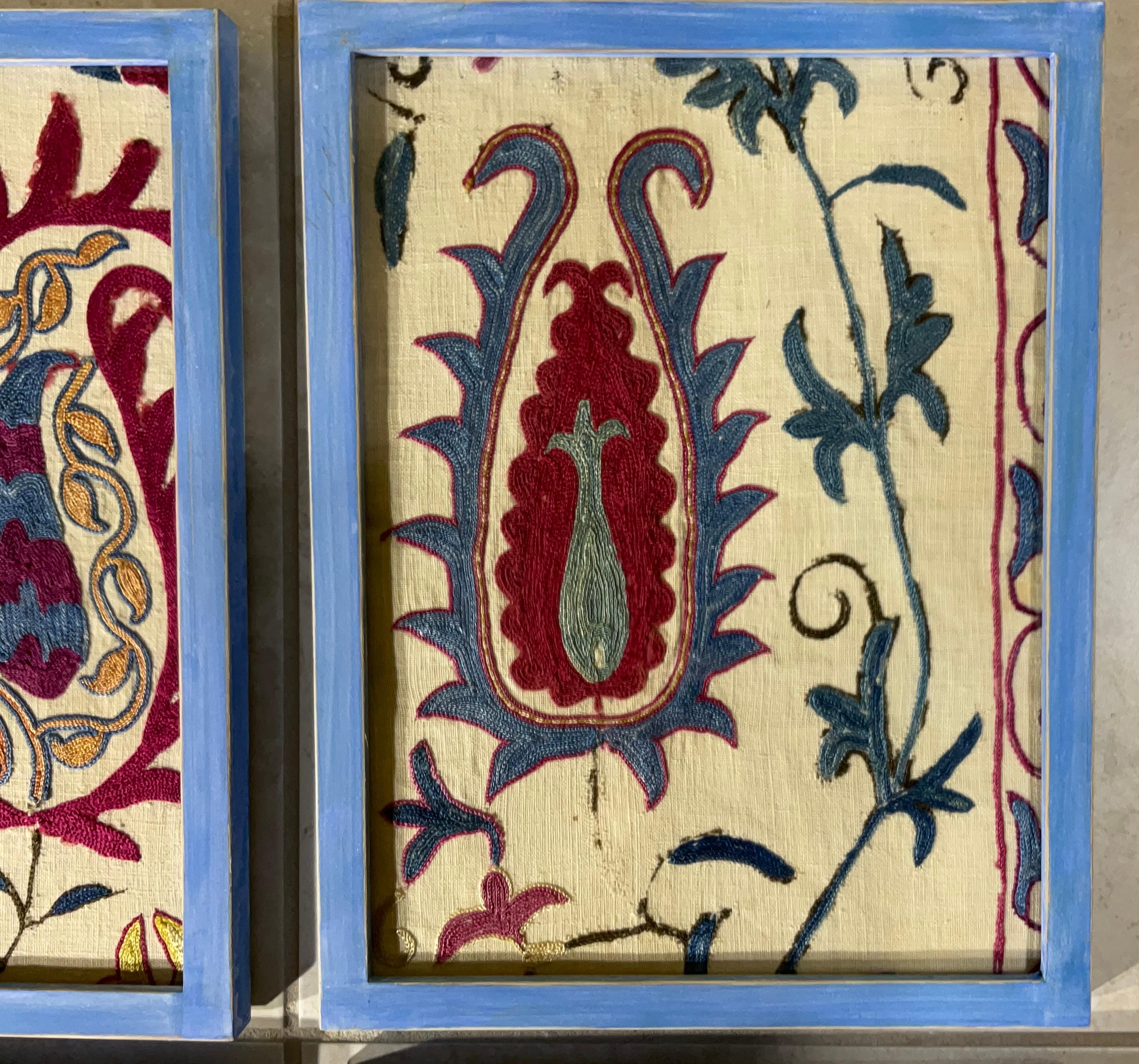 Uzbek Set Of Four 19 Century Antique Silk And Cotton Suzani Wall Hanging For Sale