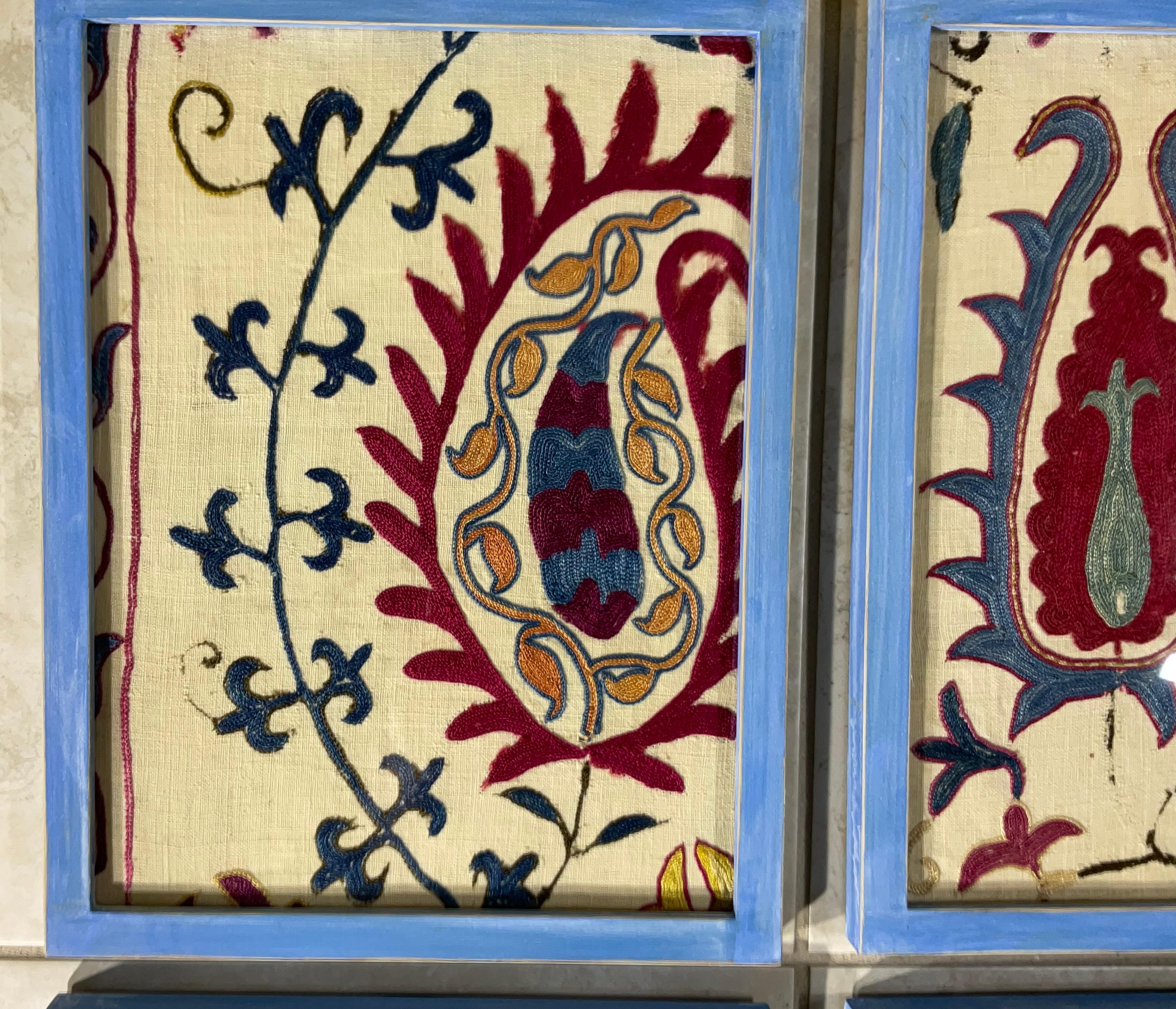 Hand-Crafted Set Of Four 19 Century Antique Silk And Cotton Suzani Wall Hanging For Sale