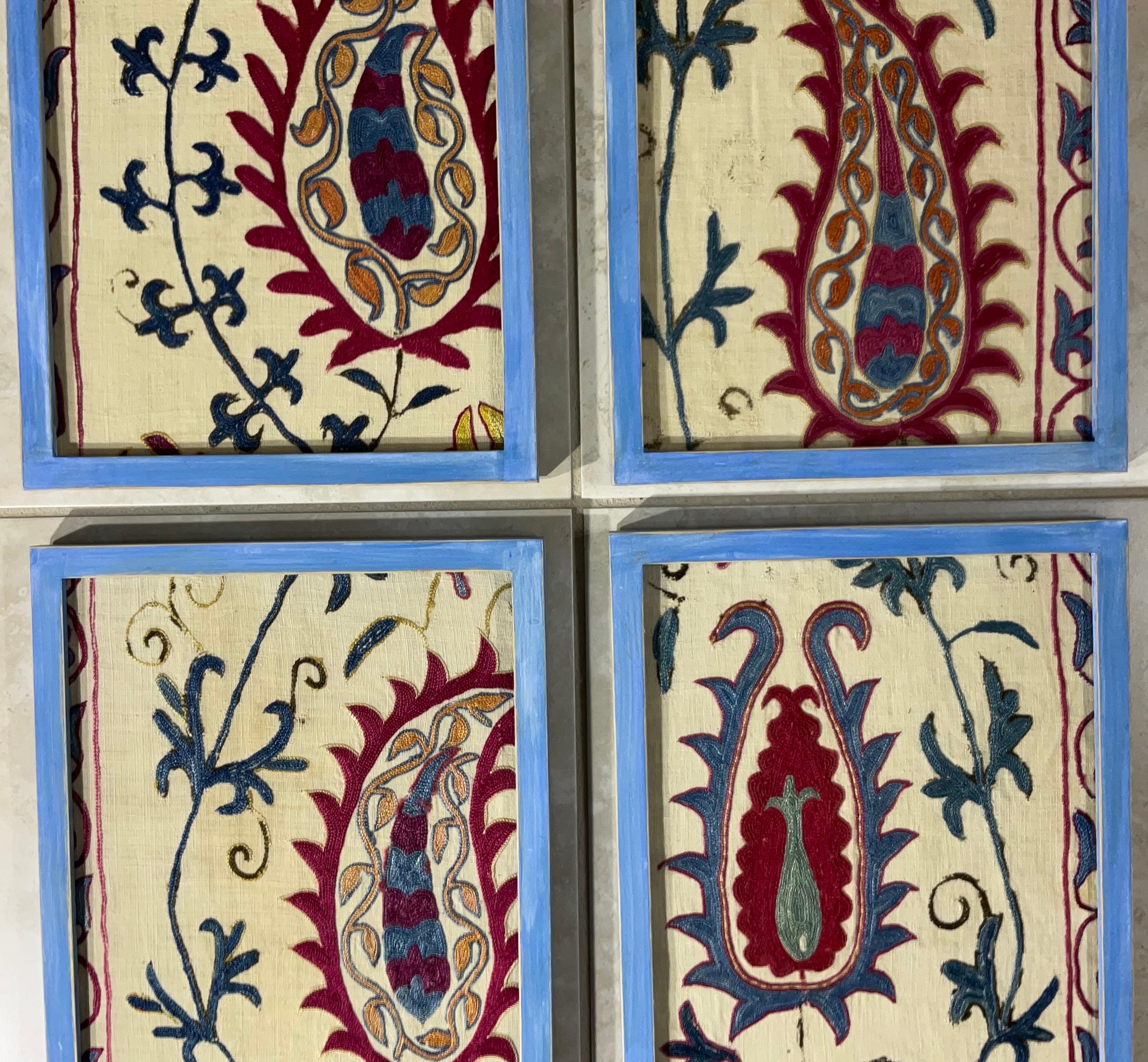 Set Of Four 19 Century Antique Silk And Cotton Suzani Wall Hanging For Sale 2