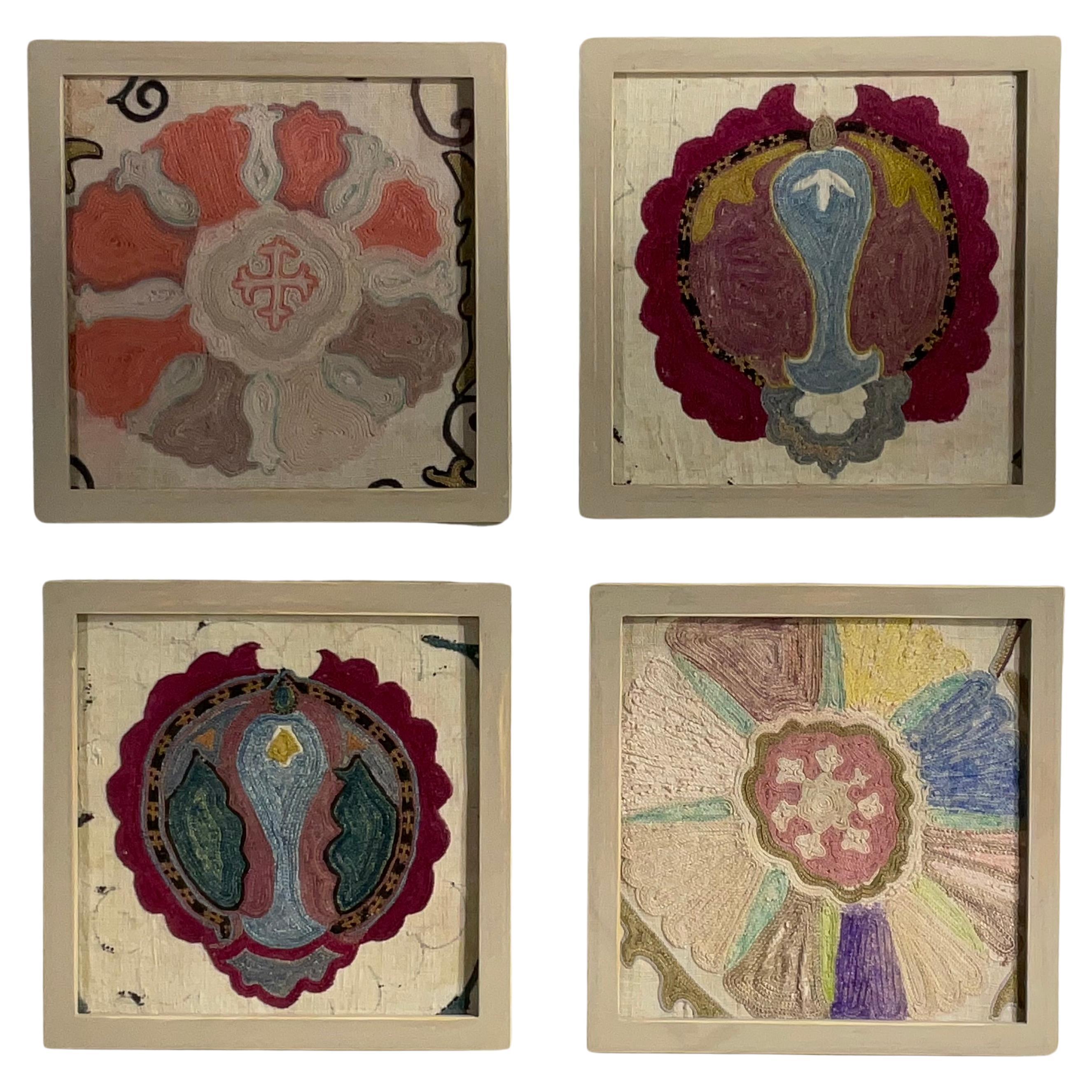 Set Of Four 19 Century Antique Silk And Cotton Suzani Wall Hanging