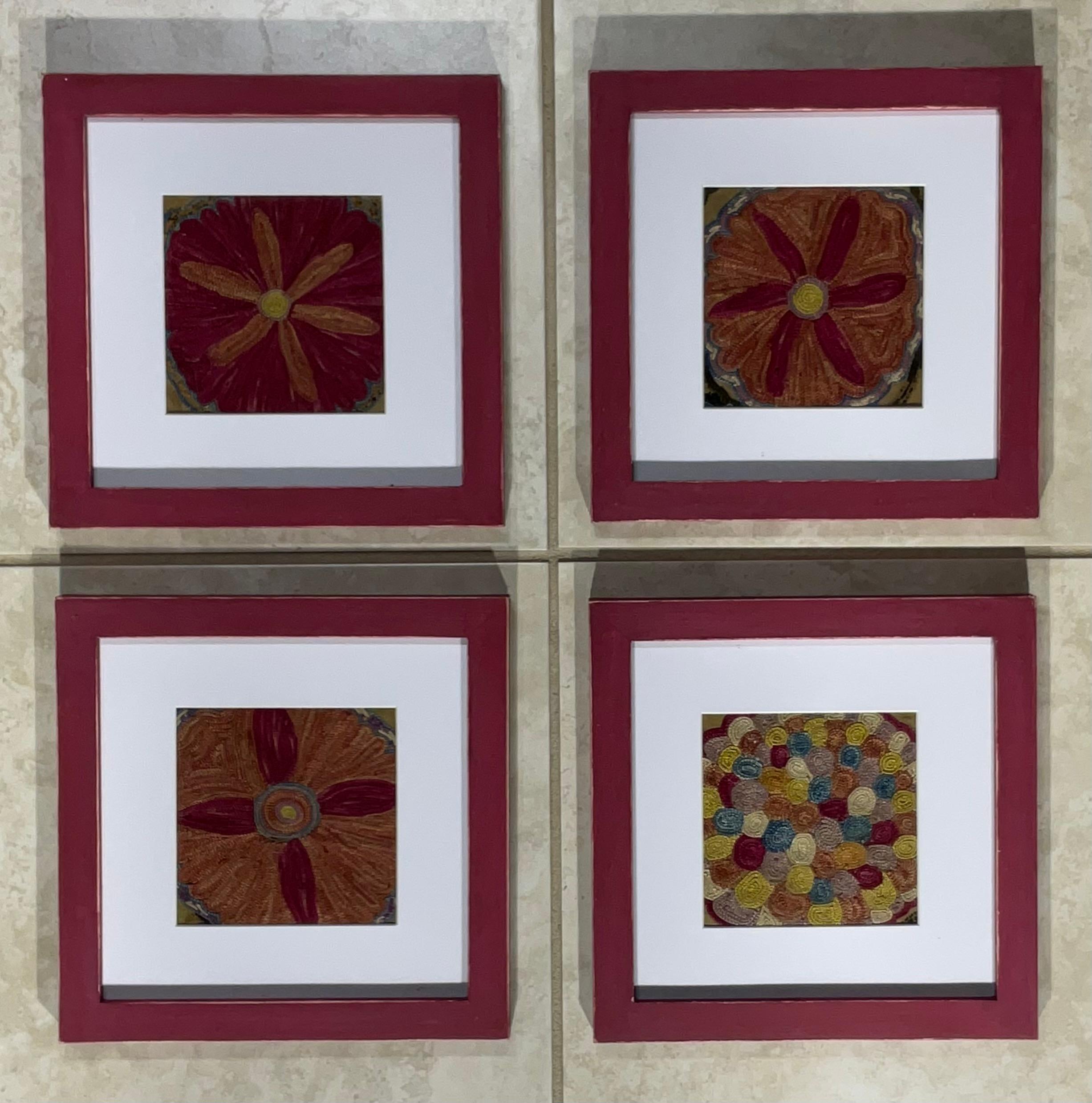 
This beautiful set of four Suzani embroidery features intricate geometric and floral patterns, showcasing traditional Uzbek craftsmanship. The vibrant colors and tight stitching suggest good quality. The hand-painted wooden frame complements the