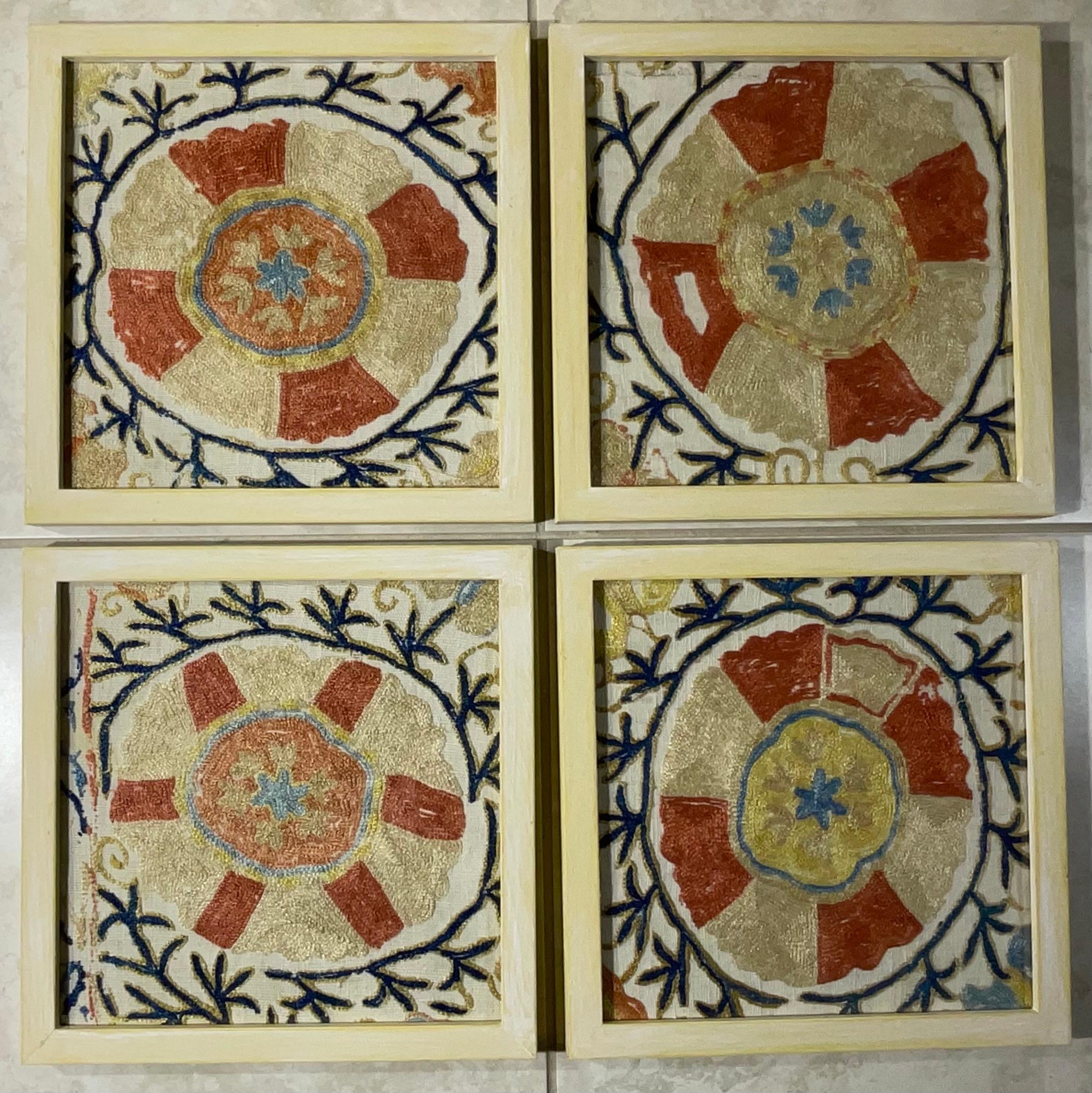 Uzbek Set Of Four 19 Century Antique Silk Suzani Wall Hanging For Sale