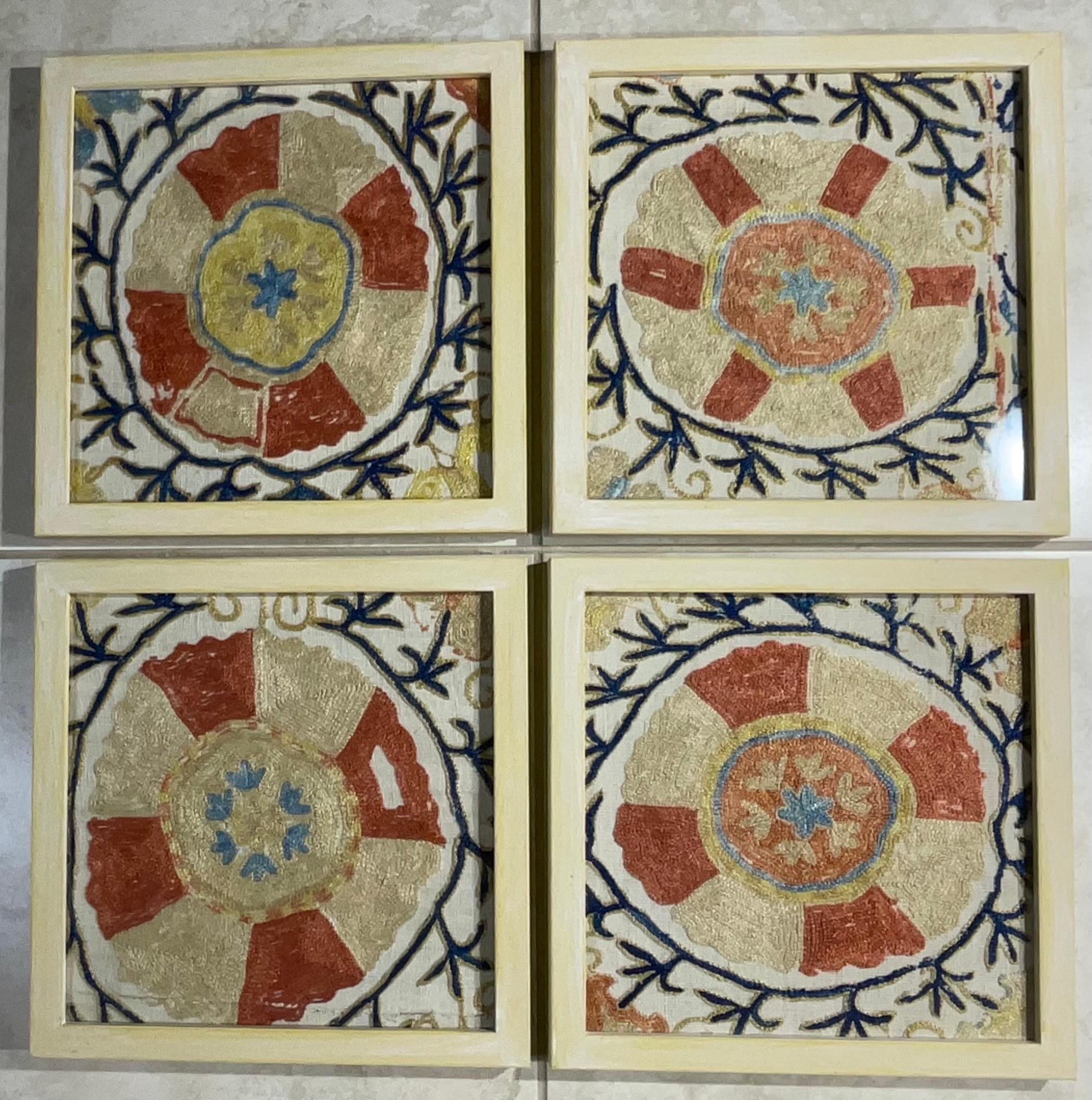 Embroidered Set Of Four 19 Century Antique Silk Suzani Wall Hanging For Sale