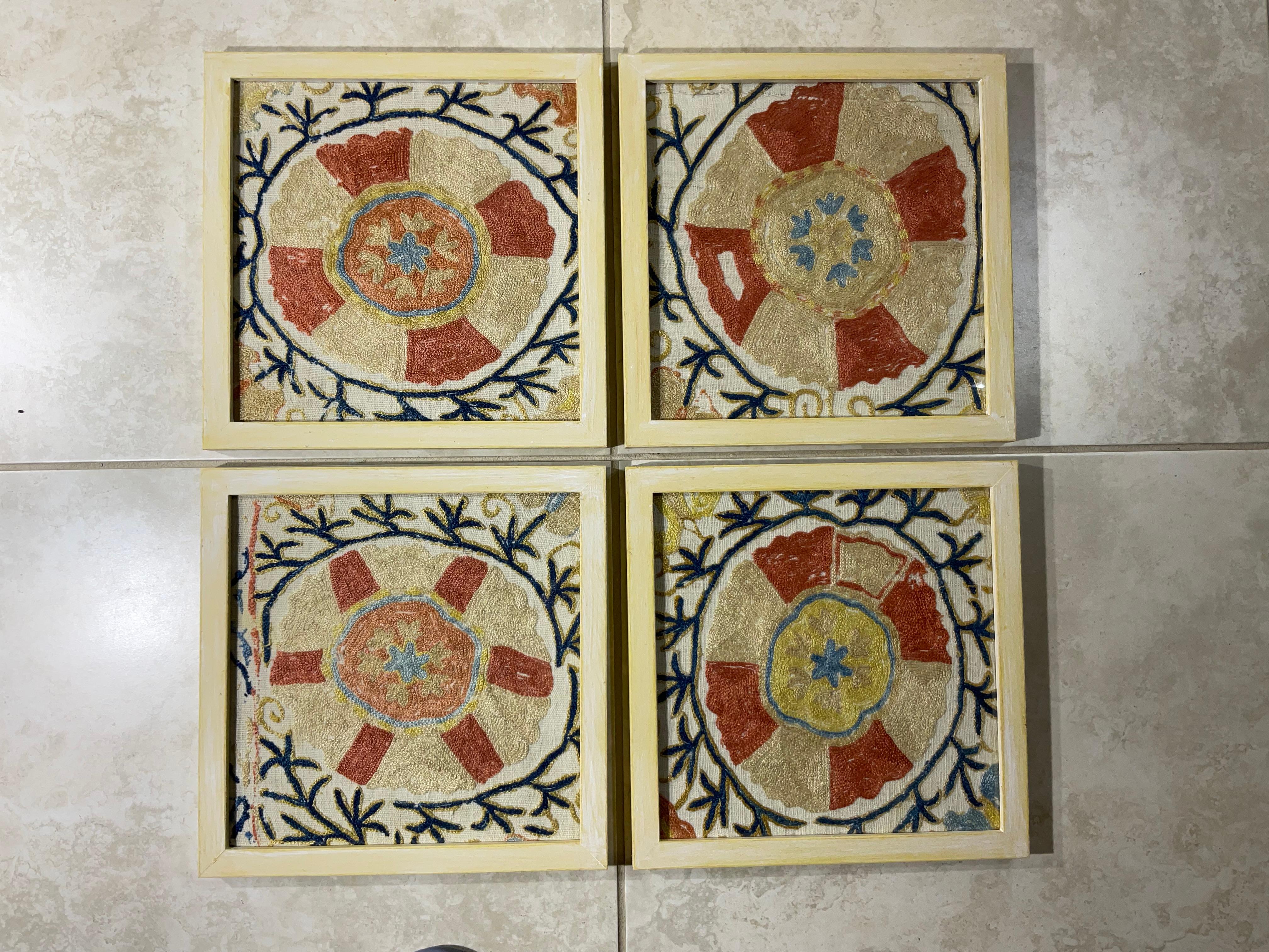 19th Century Set Of Four 19 Century Antique Silk Suzani Wall Hanging For Sale