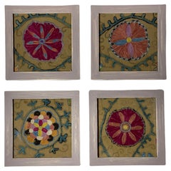 Set Of Four 19 Century Antique Silk Suzani Wall Hanging