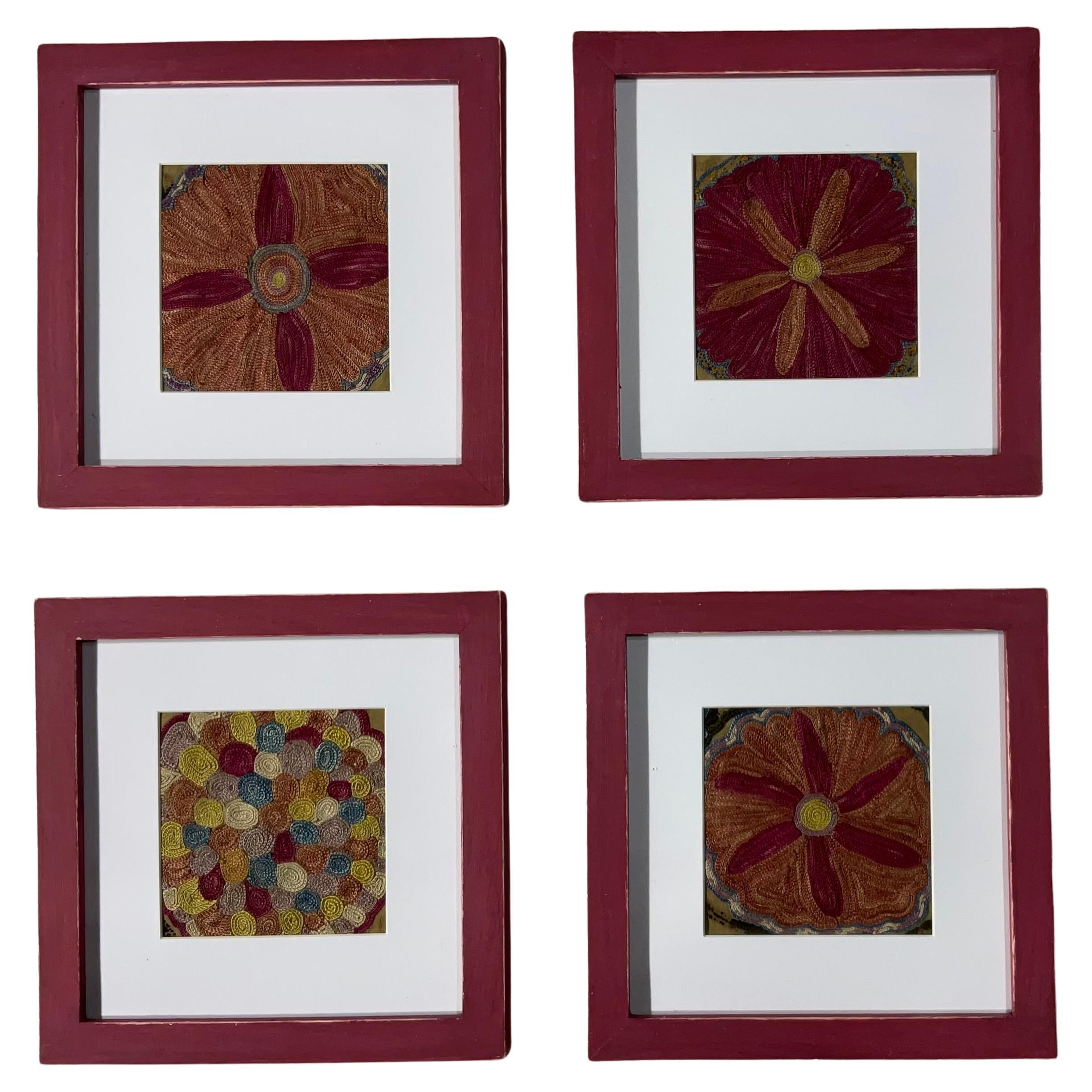 Set Of Four 19 Century Antique Silk Suzani Wall Hanging
