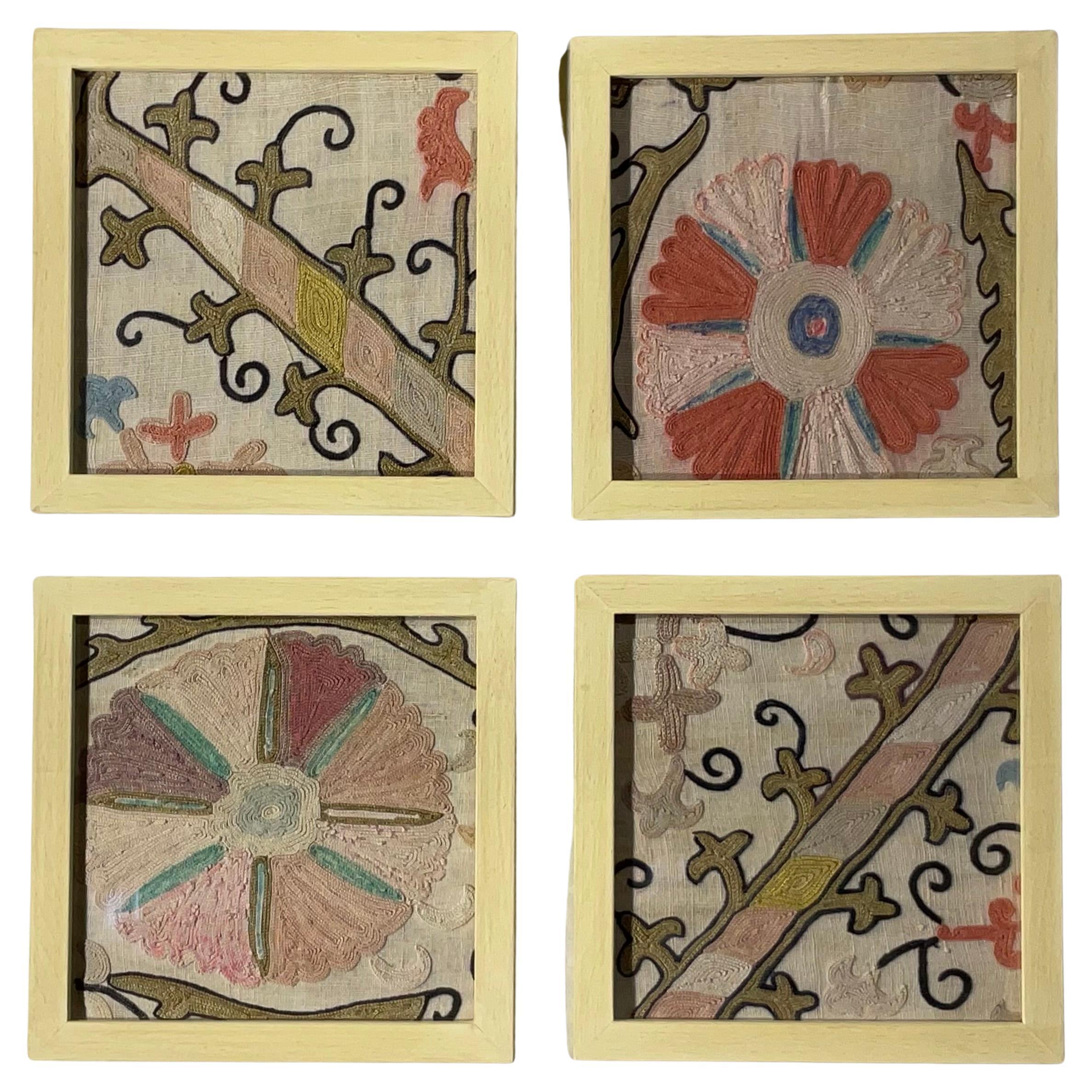 Set Of Four 19 Century Antique Silk Suzani Wall Hanging