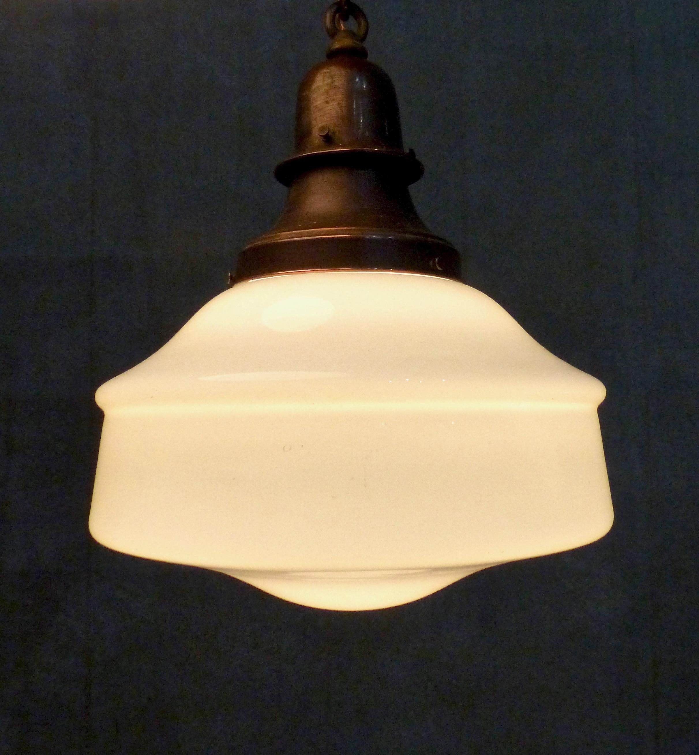 Set of four 1920 Copper Schoolhouse Milk Glass Pendant Lights In Good Condition In Surrey, BC