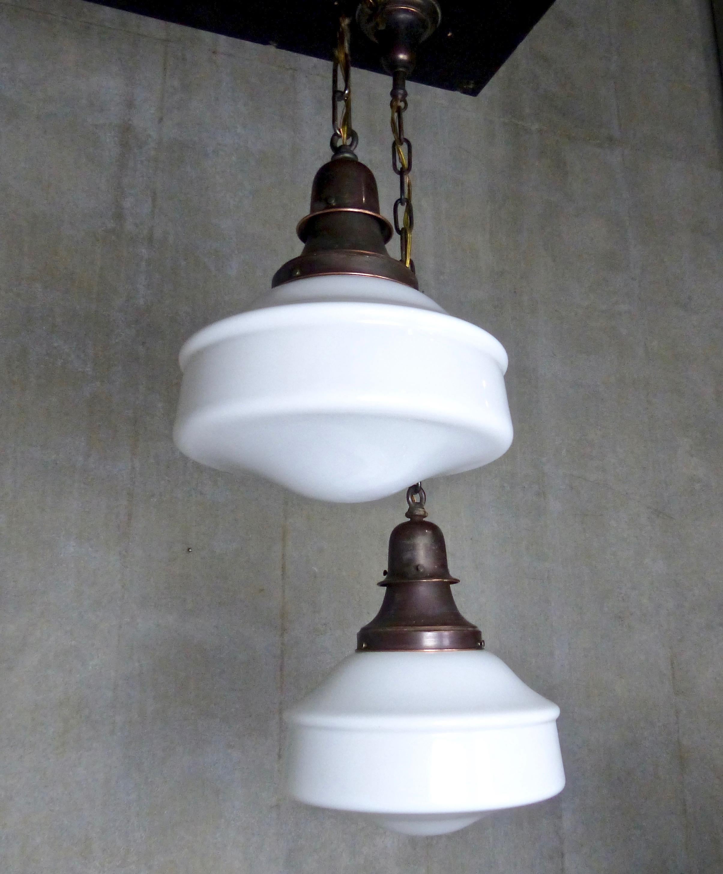 Early 20th Century Set of four 1920 Copper Schoolhouse Milk Glass Pendant Lights