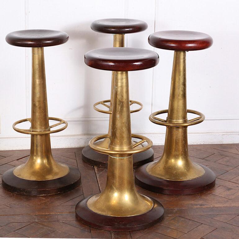 French Set of Four 1920s, 30s Brass and Mahogany Bar Stools