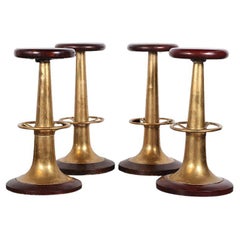 Antique Set of Four 1920s, 30s Brass and Mahogany Bar Stools