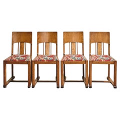 Set of Four 1920s French Country Wooden Dining Chairs with Red Floral Upholstery