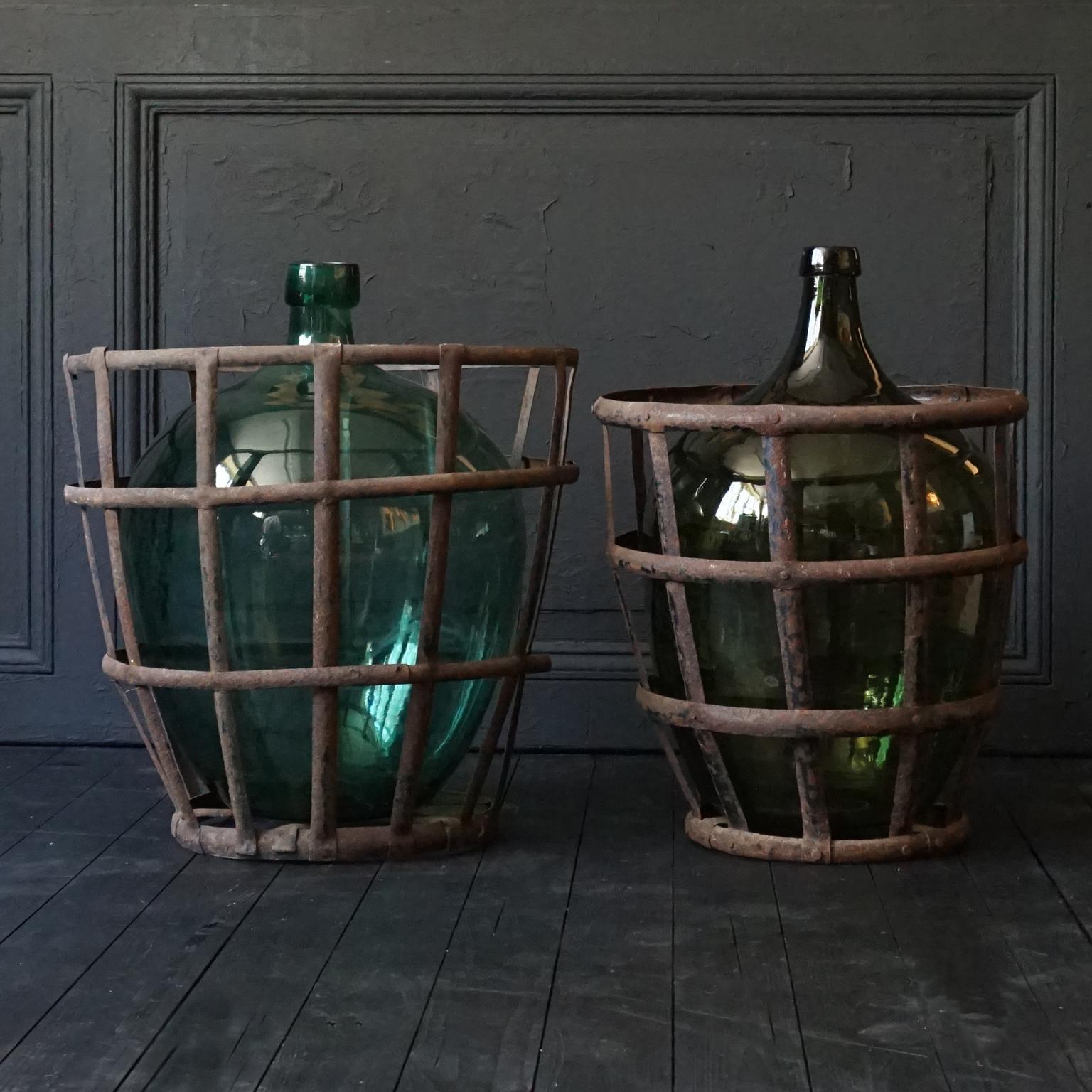 Set of Four 1920s French Green Demijohns, Lady Jeanne or Carboys in Metal Basket 9
